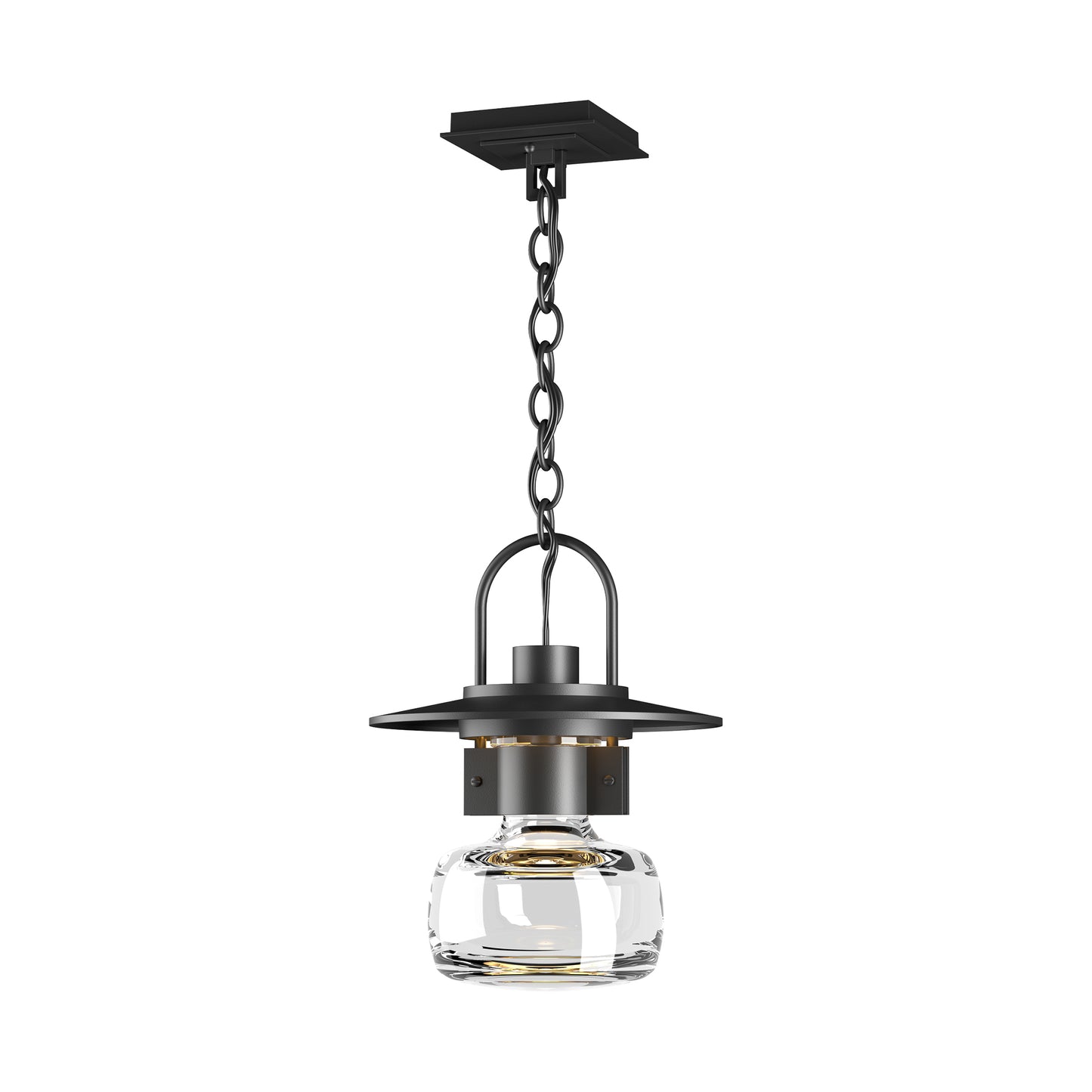 Mason Large Outdoor Ceiling Fixture by Hubbardton Forge with black hand-forged steel frame, flat shade, and clear glass bulb cover.