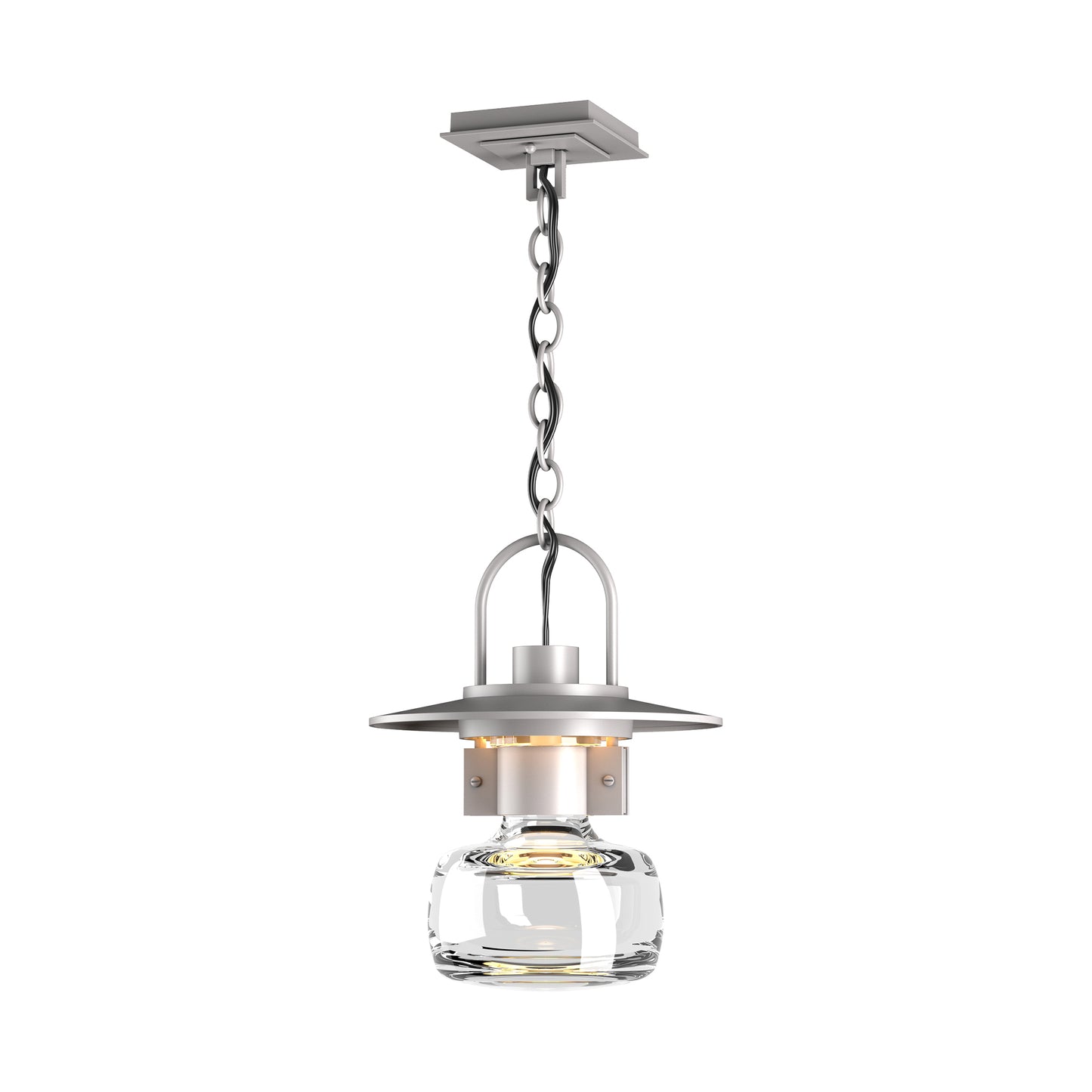 Mason Large Outdoor Ceiling Fixture by Hubbardton Forge, showcasing a forged steel frame and clear glass bulb cover with steampunk-inspired design.