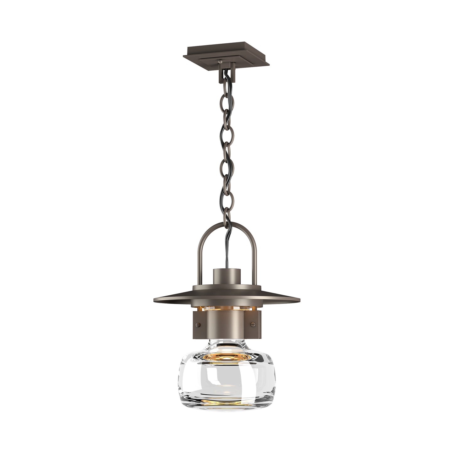 Mason Large Outdoor Ceiling Fixture by Hubbardton Forge with hand-forged steel frame and clear glass, showcasing artisanal craftsmanship and modern outdoor lighting design.