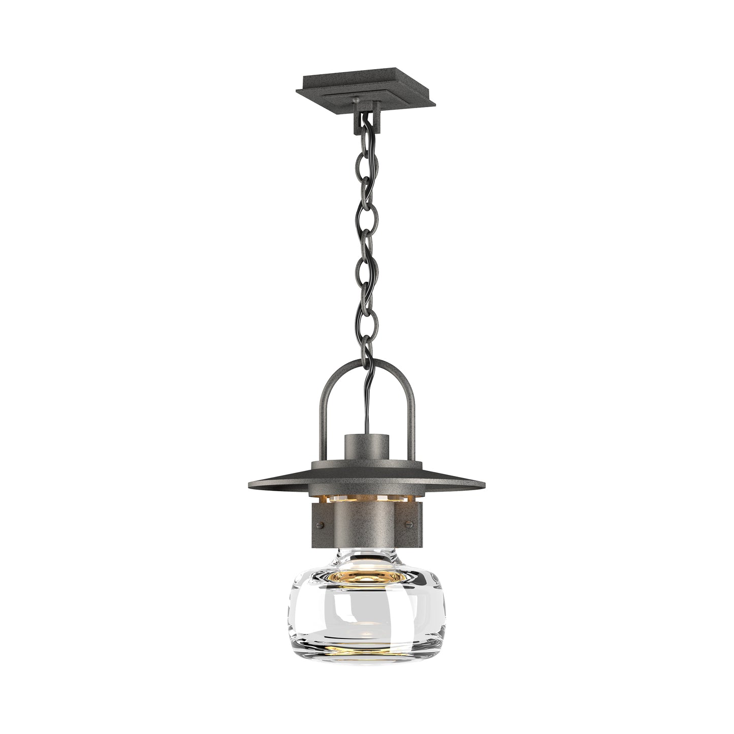 Mason Large Outdoor Ceiling Fixture in black metal with flat top and clear glass diffuser, crafted by Hubbardton Forge.
