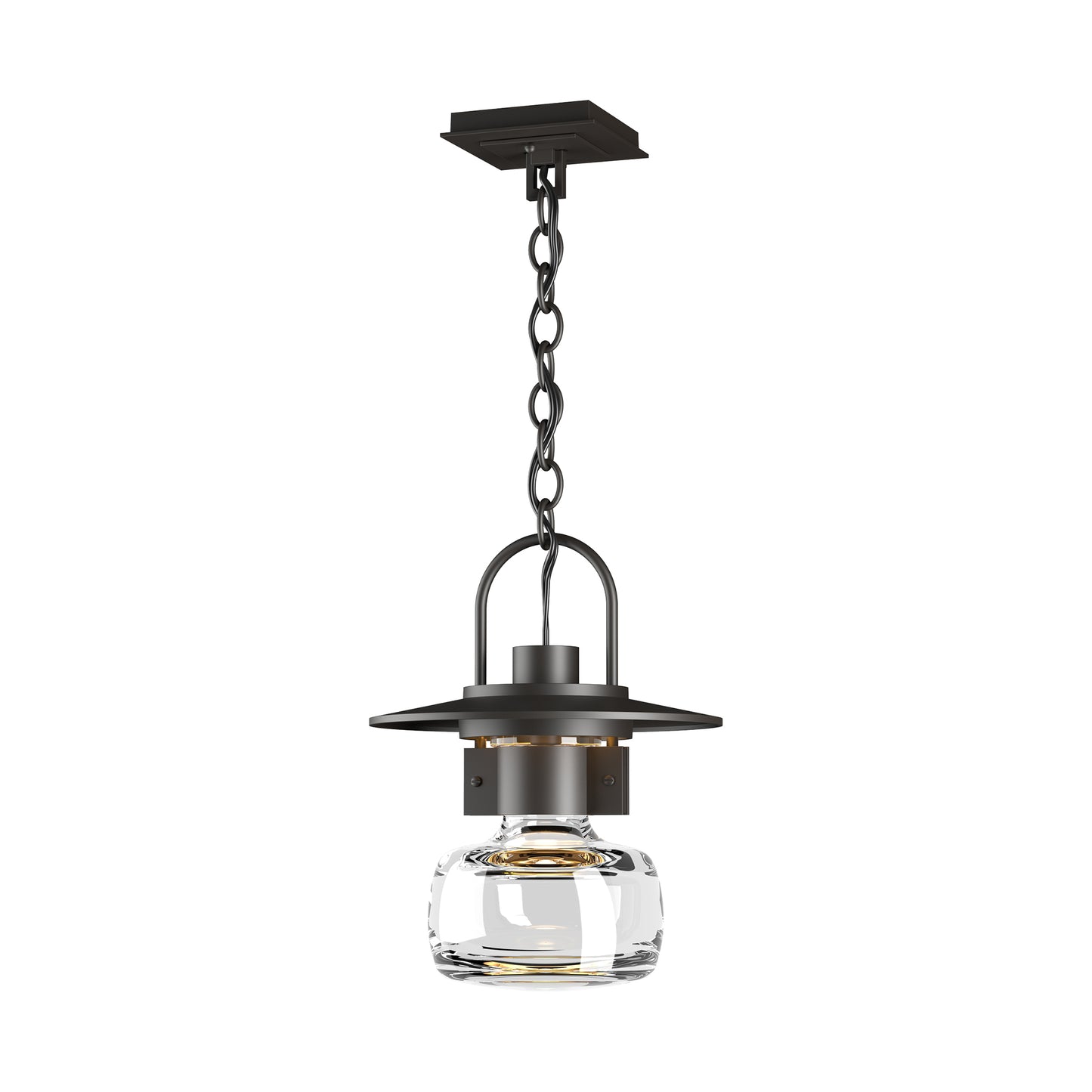 Mason Large Outdoor Ceiling Fixture by Hubbardton Forge with black metal frame, clear glass panels, and steampunk-inspired details.