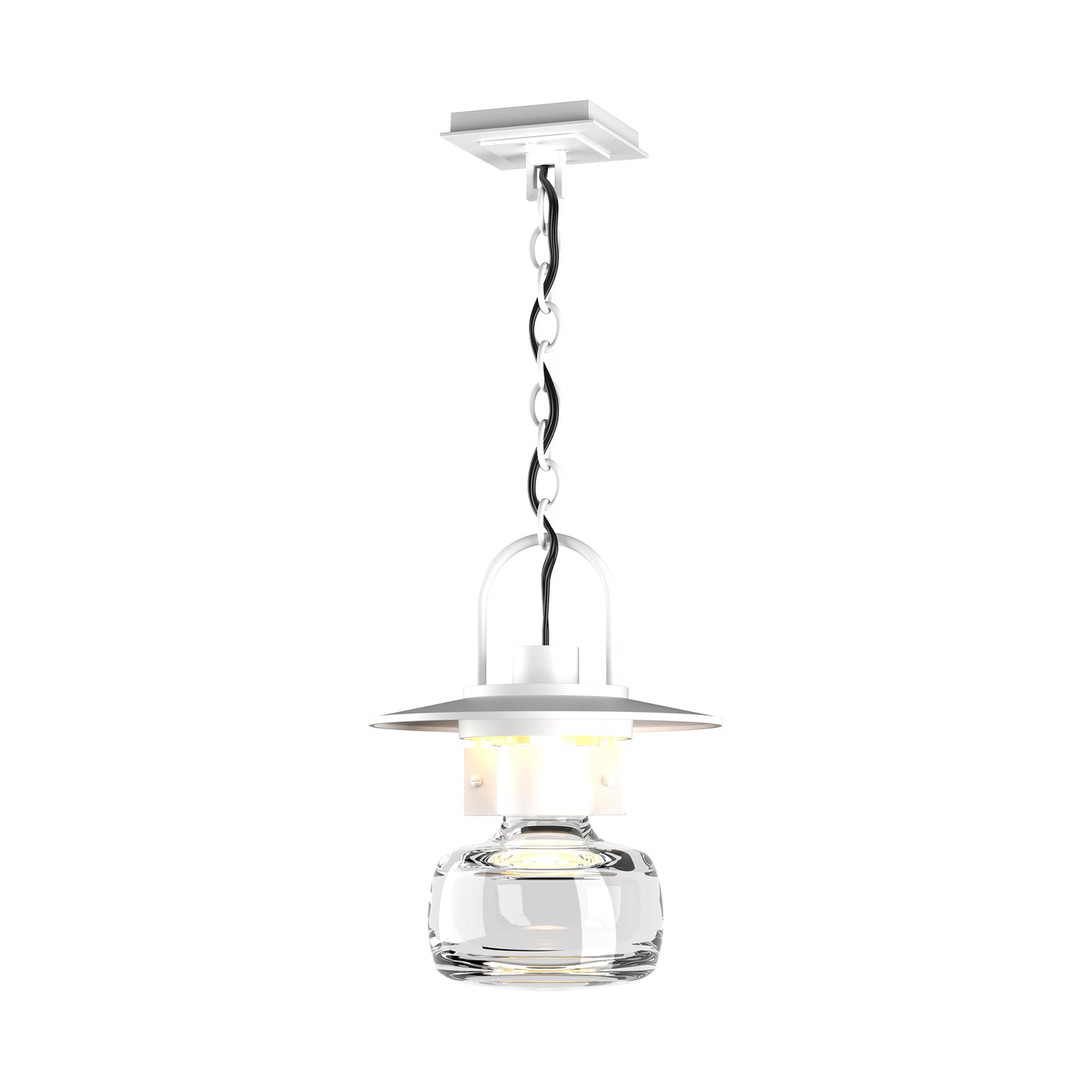 Hubbardton Forge Mason Large Outdoor Ceiling Fixture with white metal shade and clear glass base, highlighting its modern craftsmanship and elegant design.