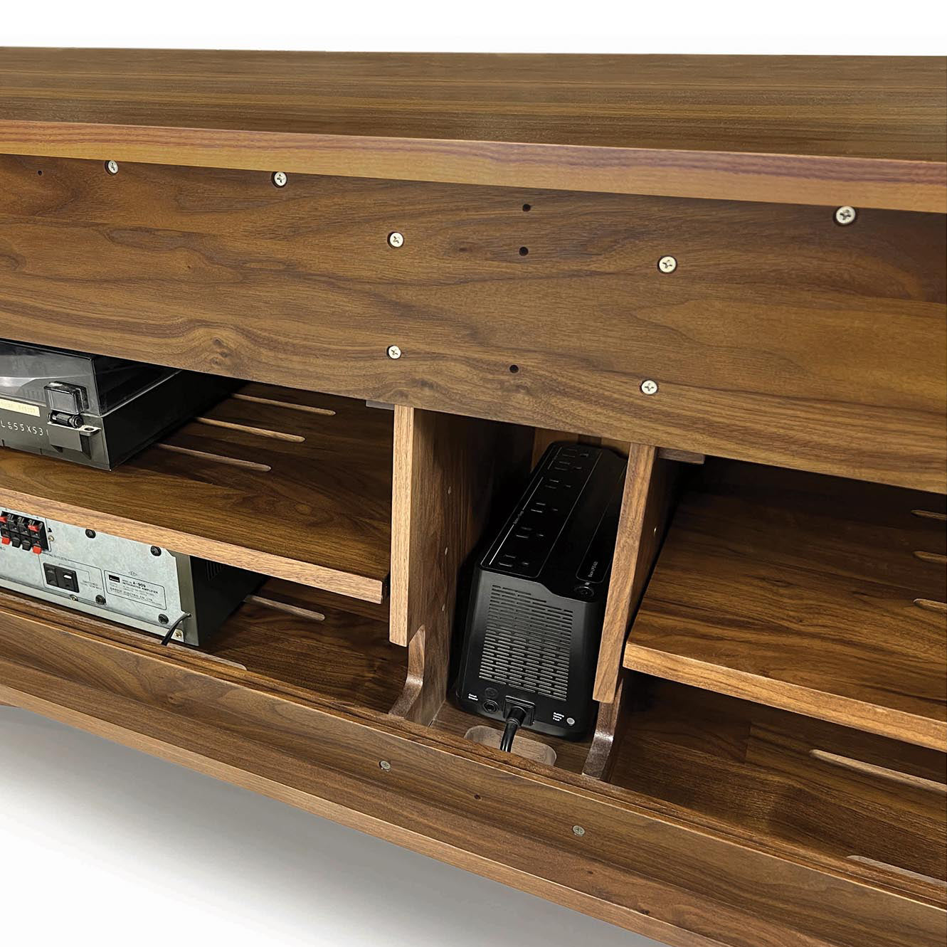 Catalina Media Cabinet by Copeland Furniture with sleek shelves for electronics and a center vertical power strip, crafted in solid wood.