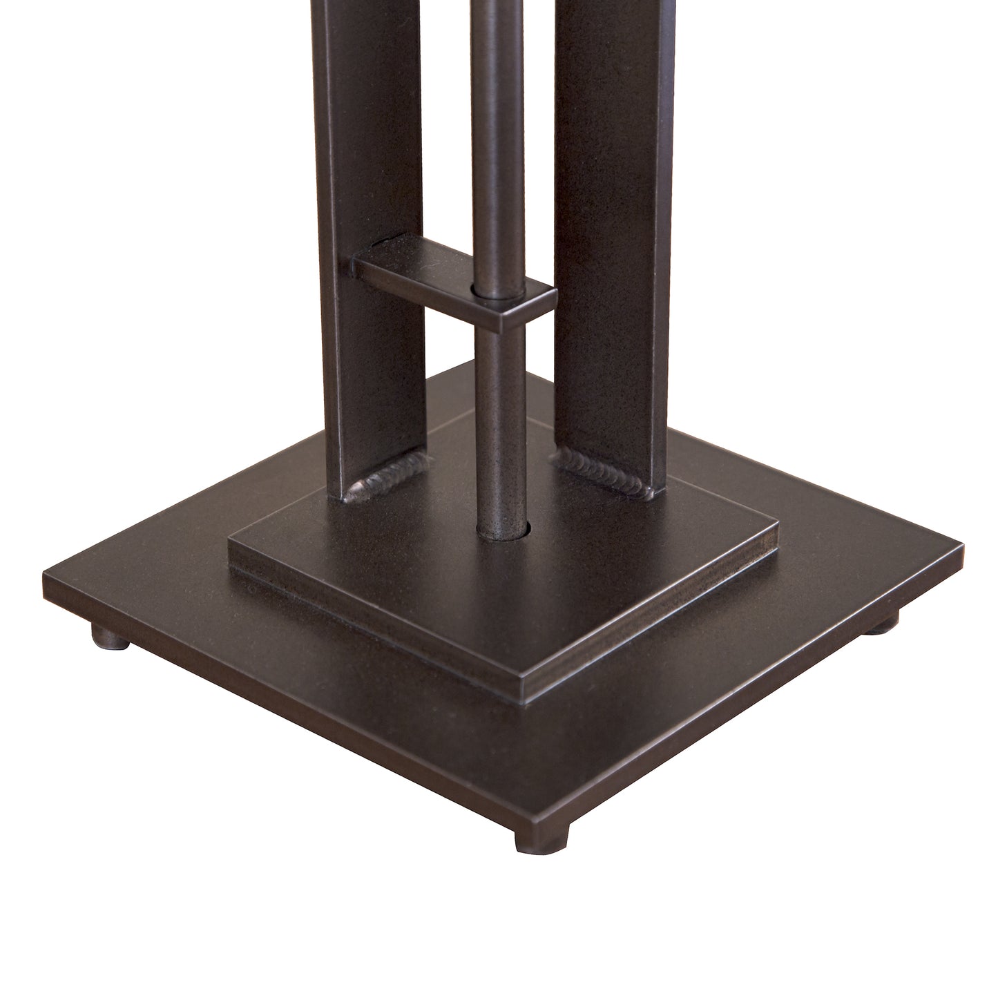 A Hubbardton Forge Metra Double #1 table lamp with a square base.
