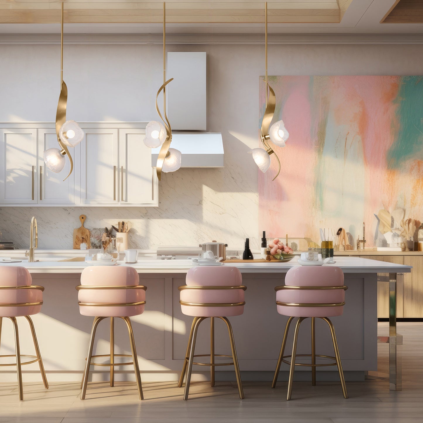Pink bar stools with gold accents positioned at a modern kitchen island, accompanied by a Hubbardton Forge Mika 2-Light Pendant above.