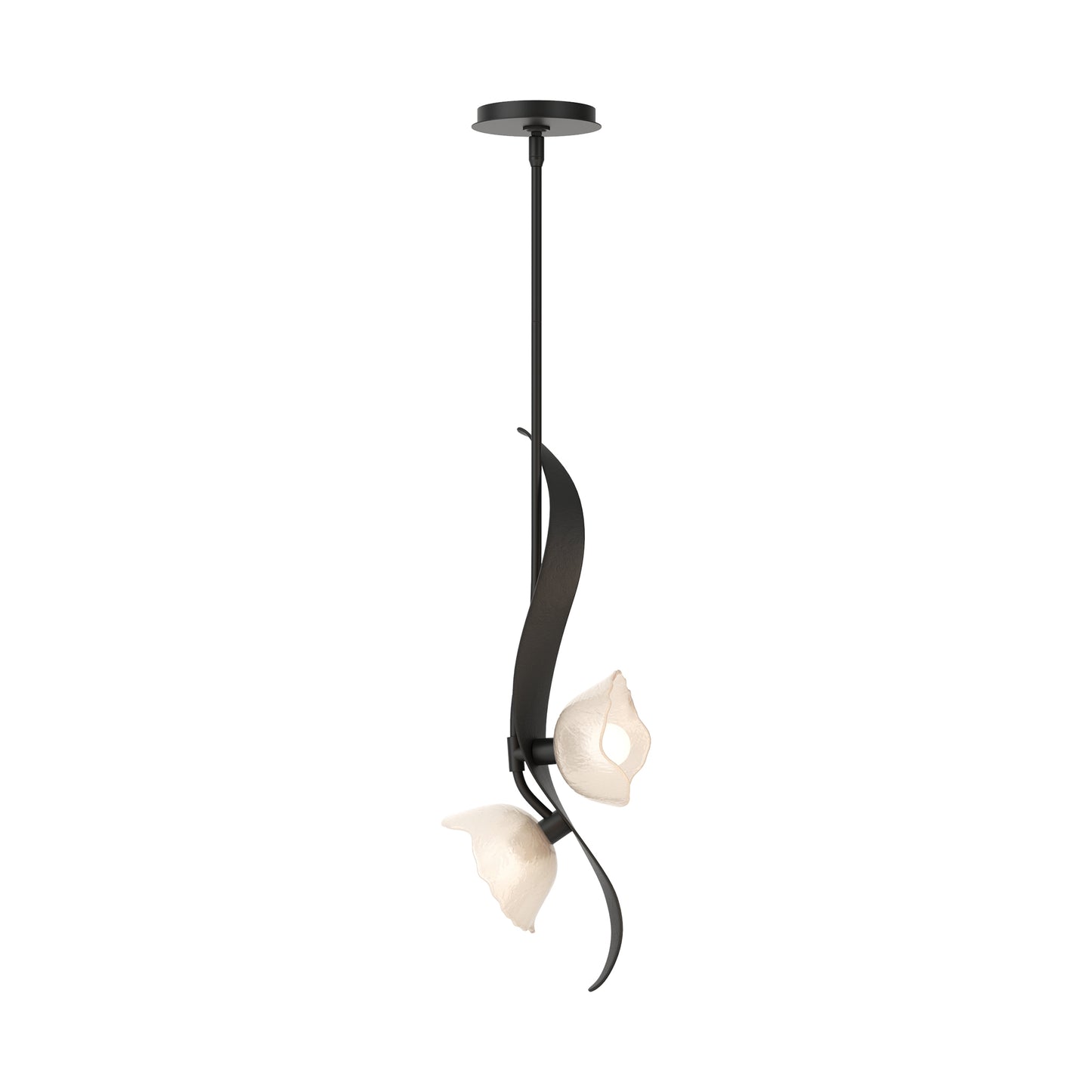Hubbardton Forge Mika 2-Light Pendant with black metal frame and white flower glass shades, showcasing modern American craftsmanship.