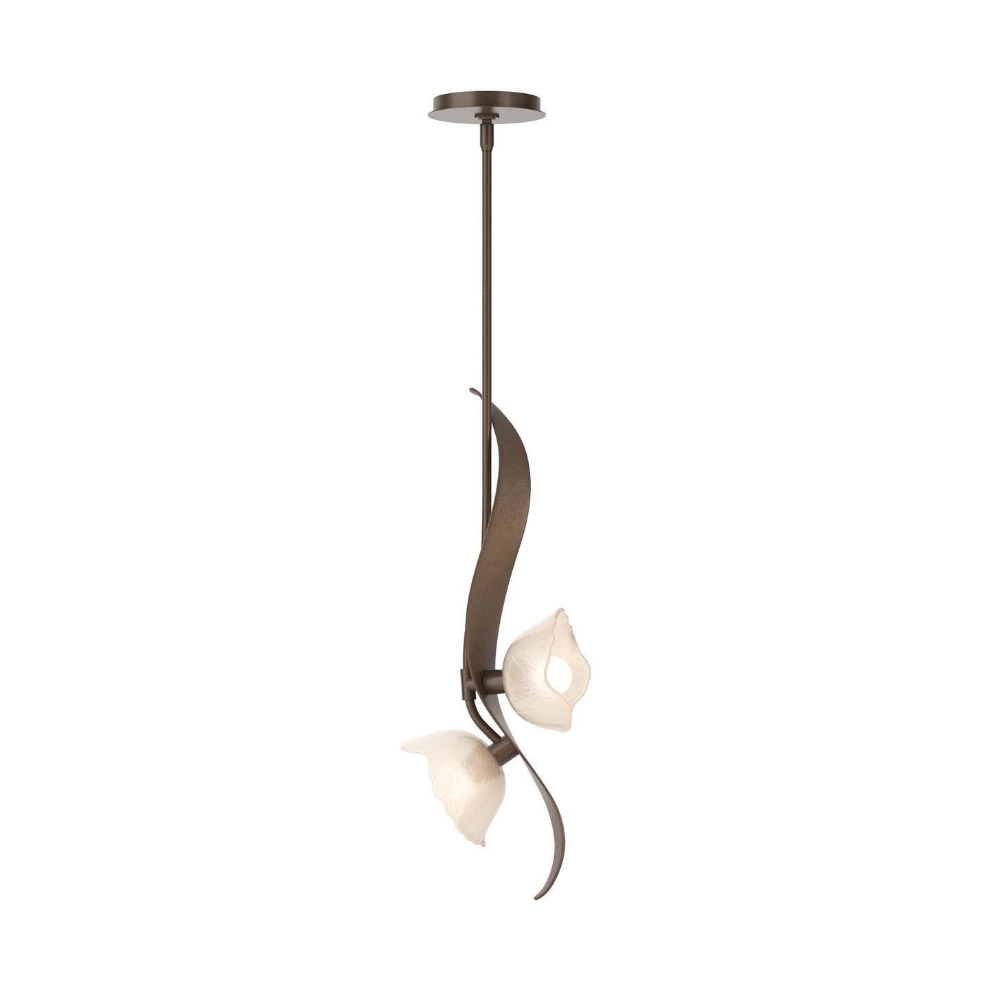Mika 2-Light Pendant by Hubbardton Forge featuring bronze frame and frosted glass floral shades, showcasing elegant, modern lighting design.