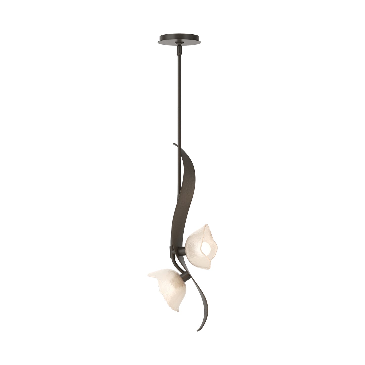 Mika 2-Light Pendant with two white, flower-shaped glass shades and a dark metal frame, handcrafted by Hubbardton Forge.