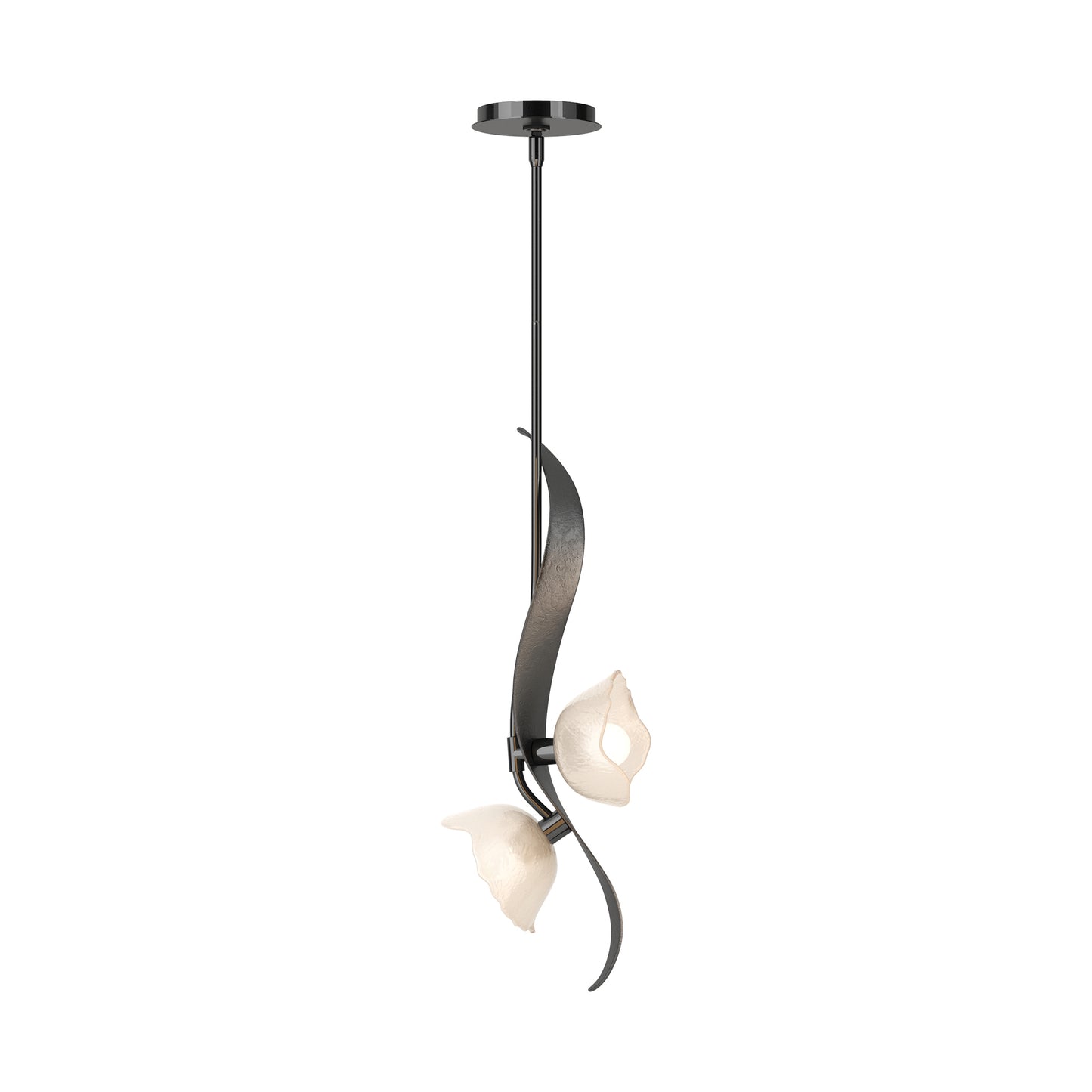 Hubbardton Forge Mika 2-Light Pendant featuring a black frame and floral frosted glass, highlighting elegant modern American craftsmanship.