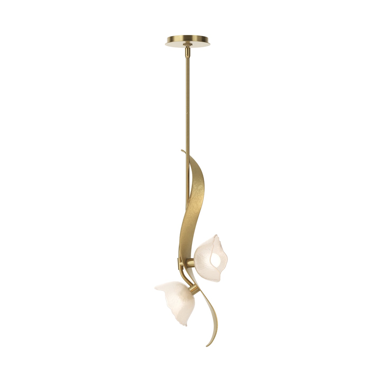 Hubbardton Forge Mika 2-Light Pendant with curved metal details and dual white flower-shaped glass shades, showcasing elegant modern lighting design.
