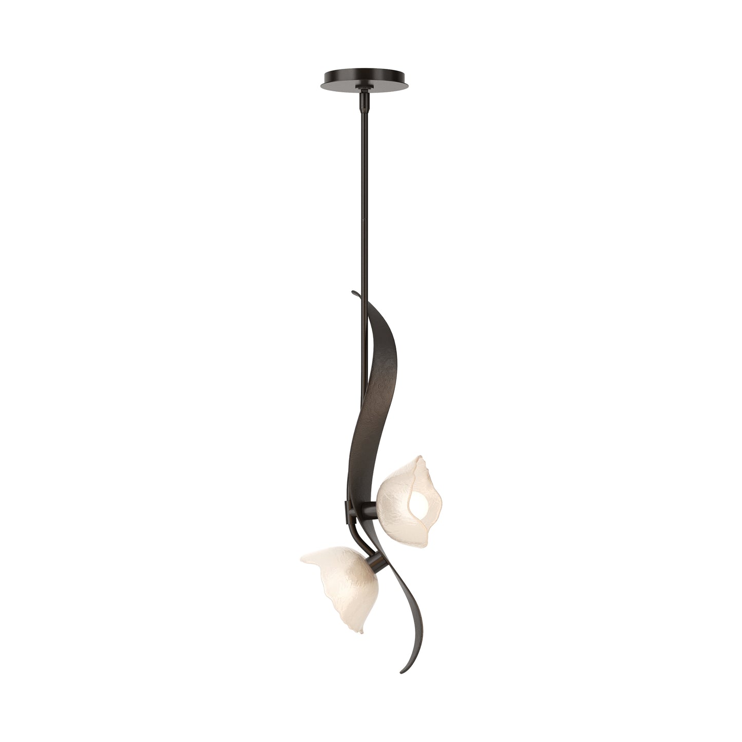 Hubbardton Forge Mika 2-Light Pendant with dark metal frame and two white, flower-shaped glass shades, highlighting modern handcrafted design.