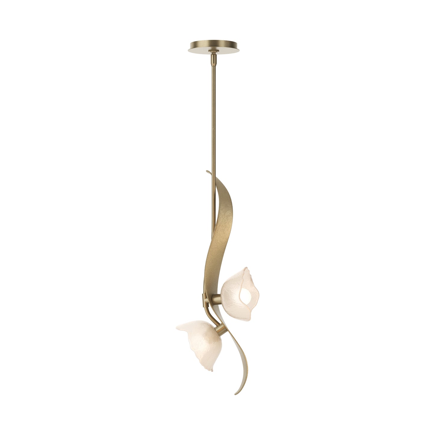 Hubbardton Forge Mika 2-Light Pendant with dual frosted glass floral shades on a brass stem, showcasing modern American craftsmanship.