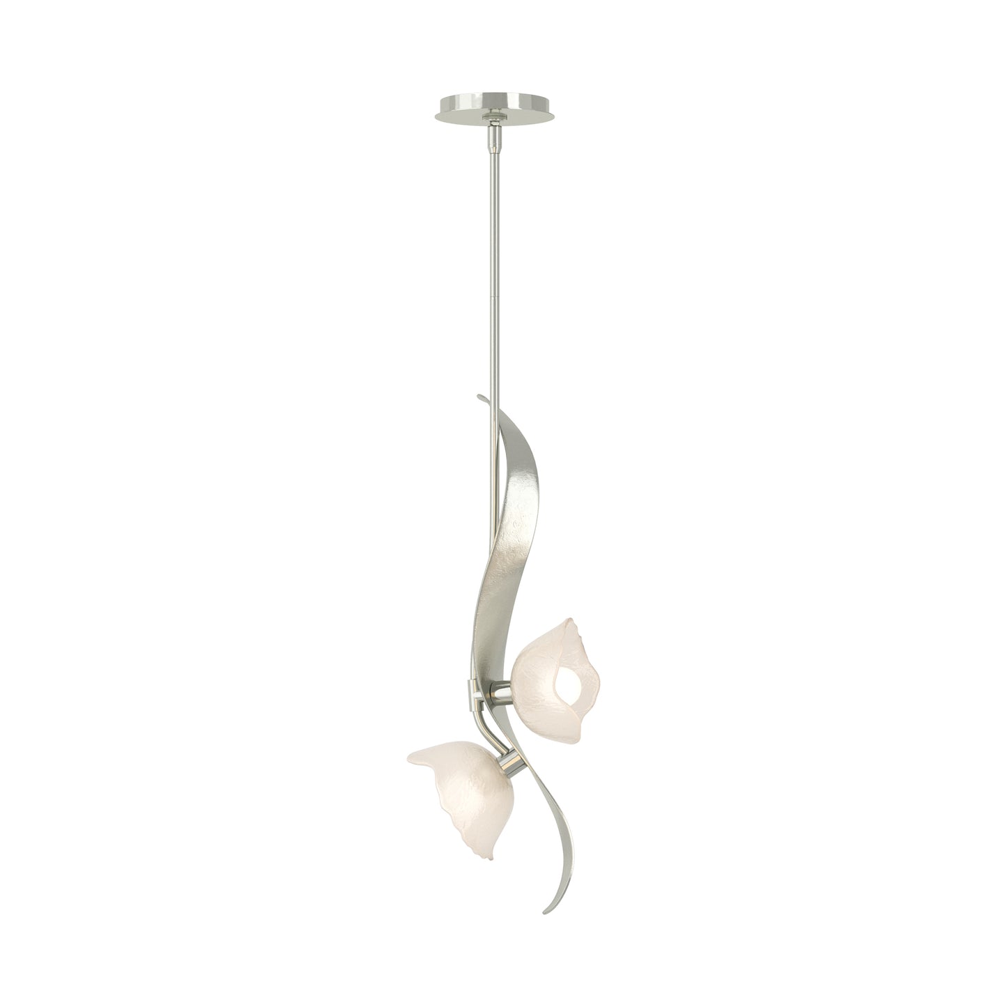Mika 2-Light Pendant by Hubbardton Forge featuring a curved metal frame and two frosted glass, petal-shaped shades, showcasing elegant modern lighting design.