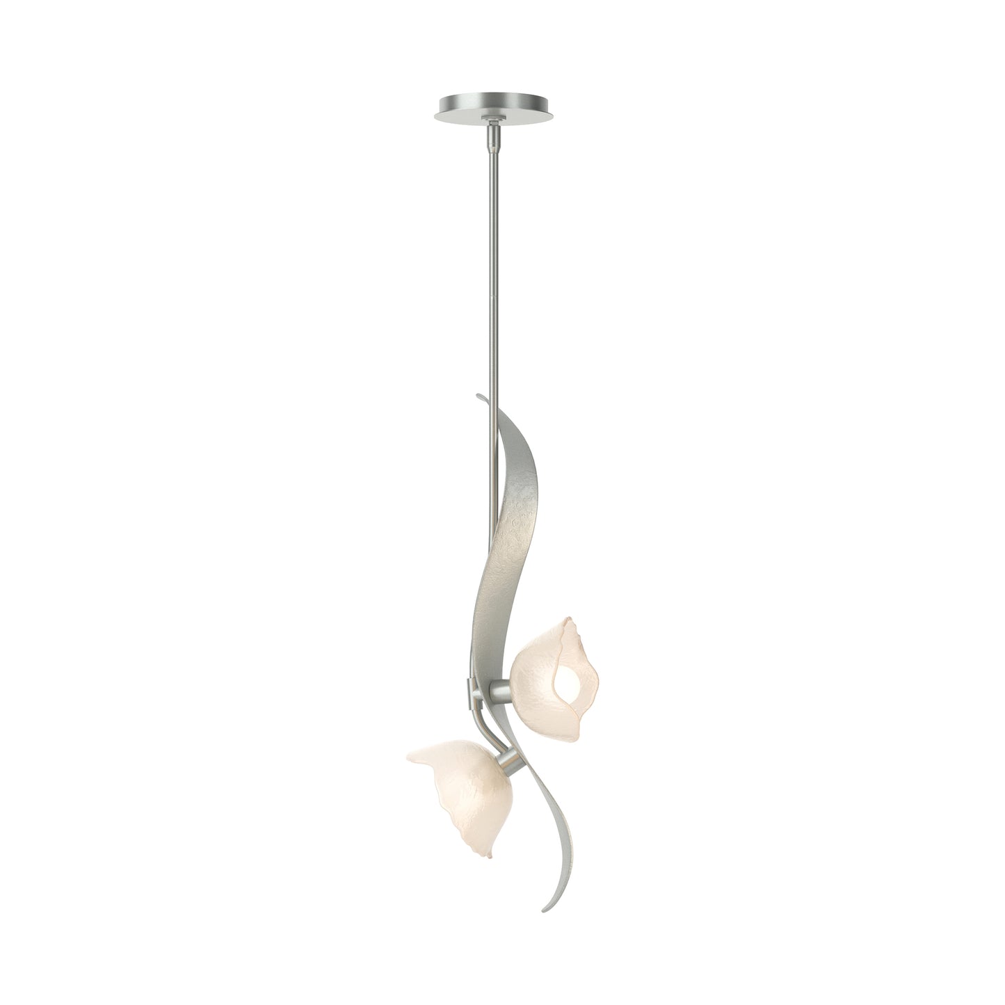 Mika 2-Light Pendant by Hubbardton Forge with silver frame and flower-shaped glass shades, showcasing modern American craftsmanship.