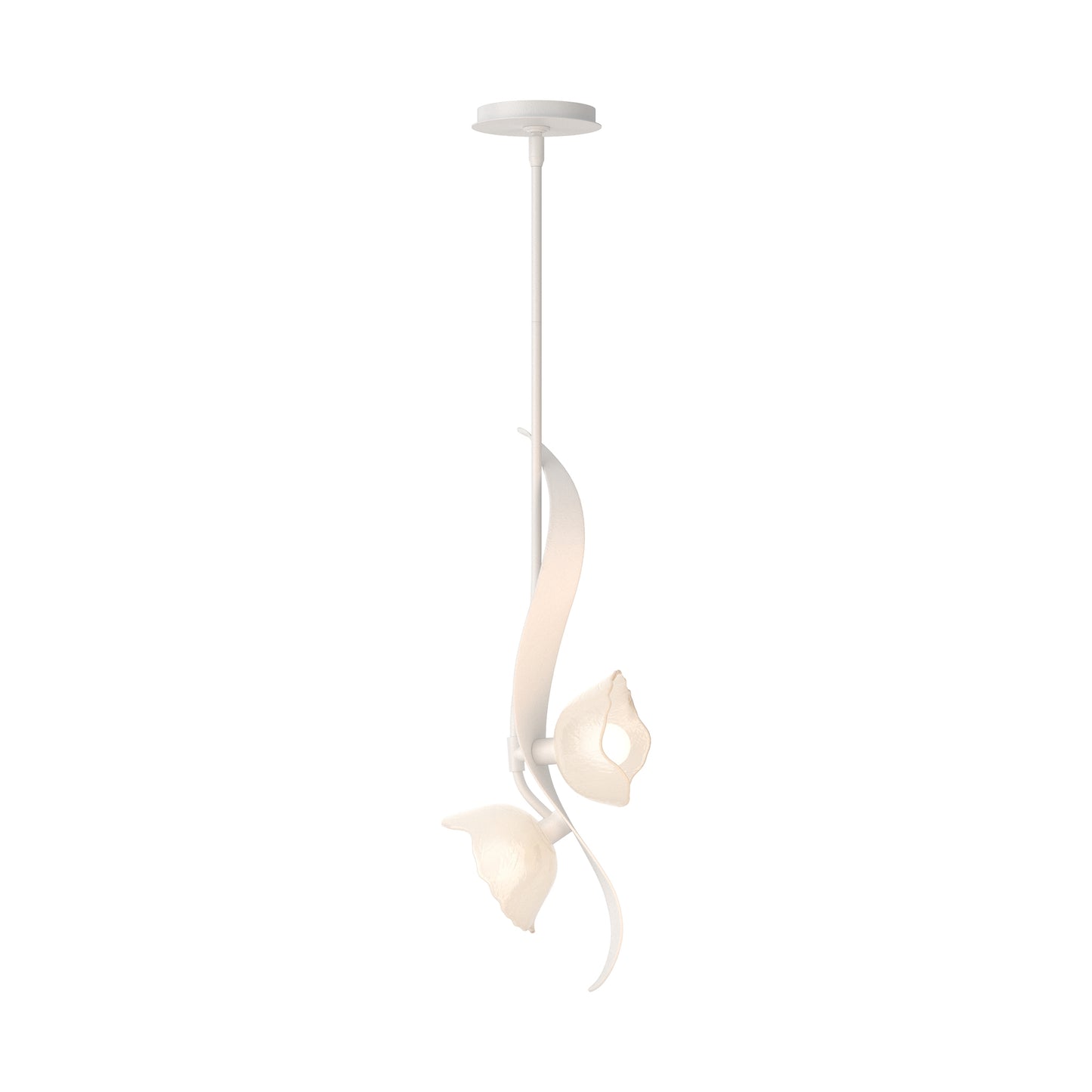 Hubbardton Forge Mika 2-Light Pendant with elegant curved arms and frosted glass shades, showcasing contemporary American-made craftsmanship.