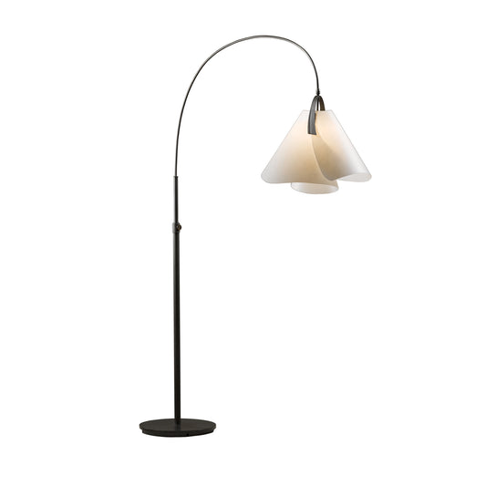 Hubbardton Forge Mobius Arc Floor Lamp with modern black stand and unique white layered lampshade, showcasing exquisite handcrafted American furniture.