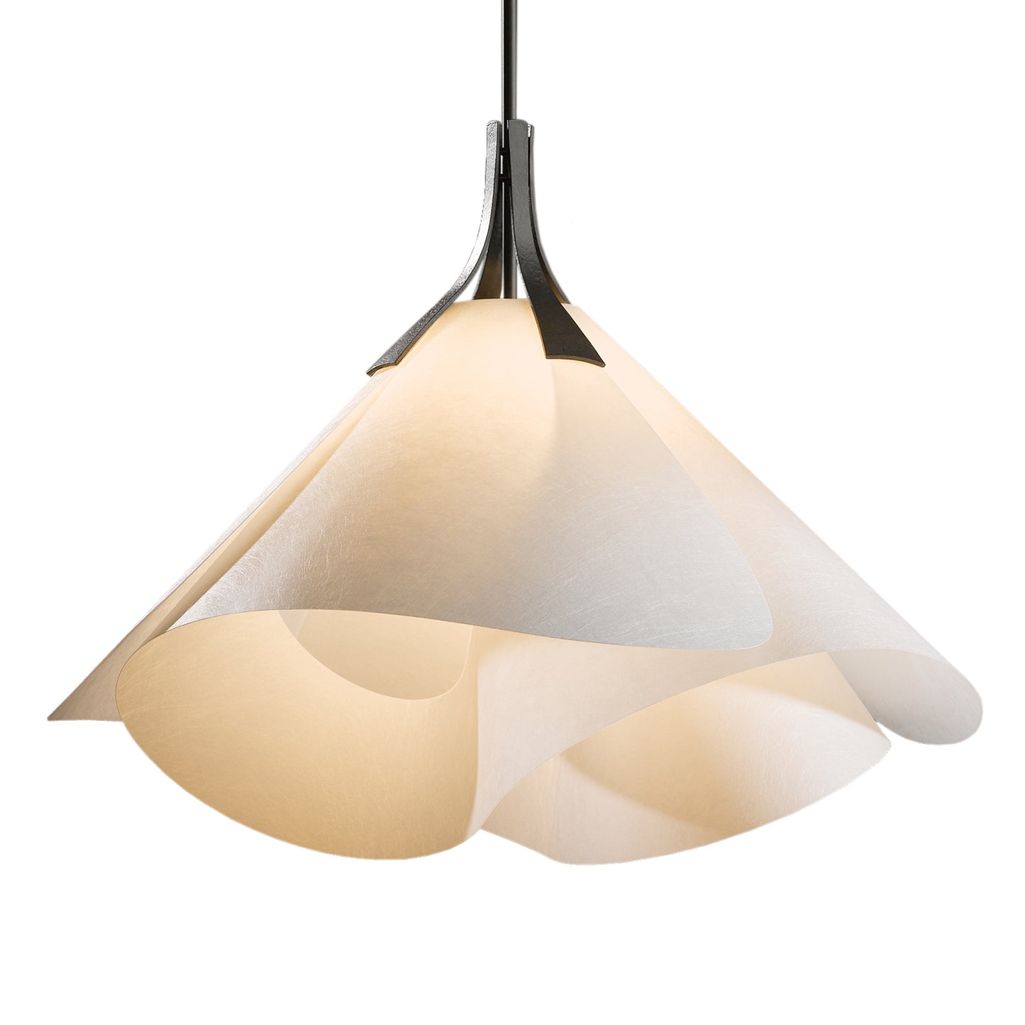 Elegant Mobius Large Pendant by Hubbardton Forge with swirling cream shade suspended on a sleek black cord.