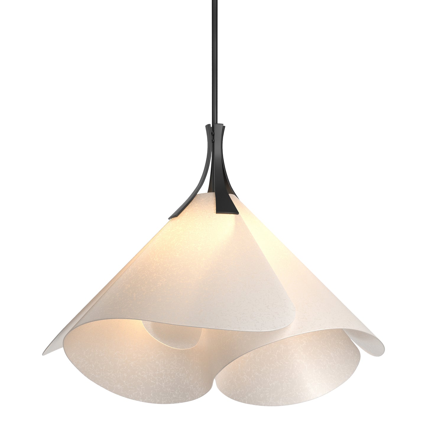 Mobius Large Pendant by Hubbardton Forge with three handcrafted white petal shades and a black stem, made in Vermont, shown prominently.