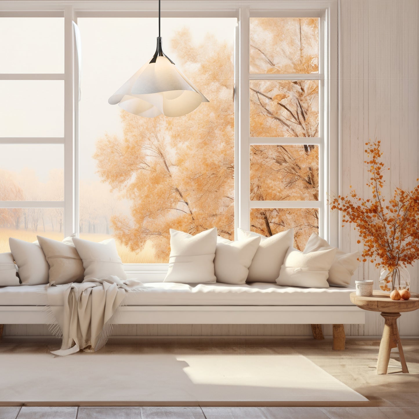 Handcrafted Mobius Large Pendant from Hubbardton Forge hanging above a white sofa, highlighting fine American made living room furniture.