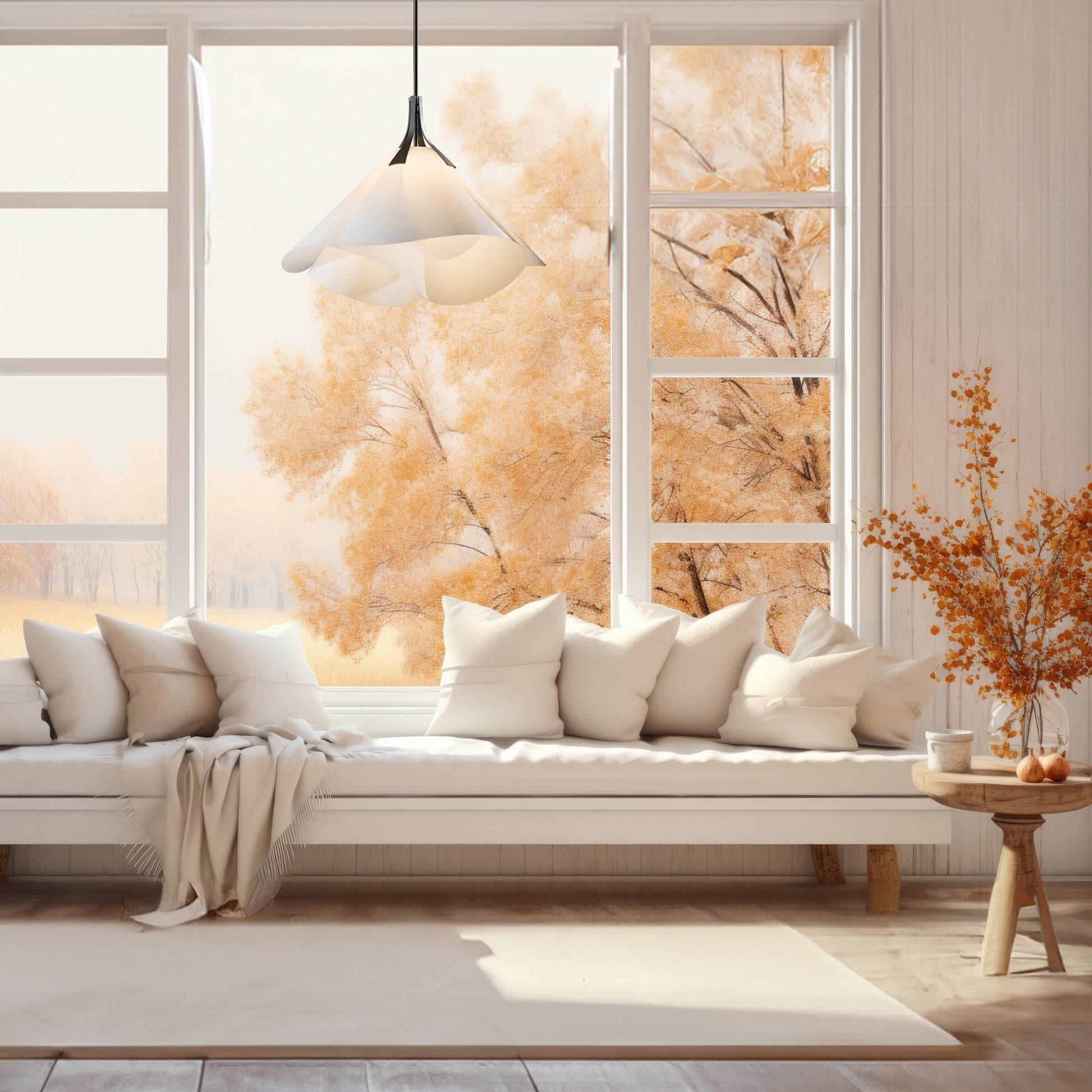 Handcrafted Mobius Large Pendant from Hubbardton Forge hanging above a white sofa, highlighting fine American made living room furniture.