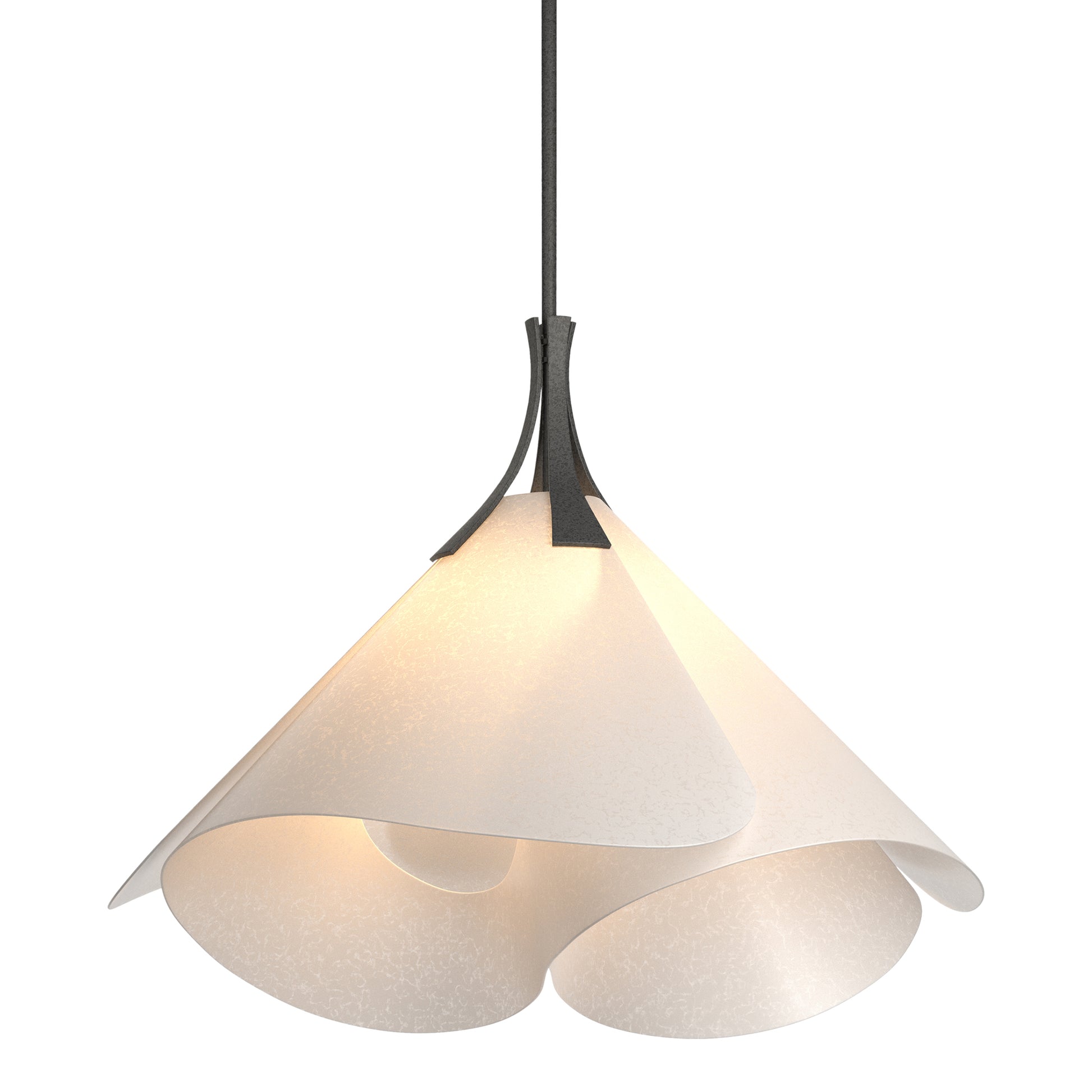 Mobius Large Pendant by Hubbardton Forge featuring handcrafted petal-shaped white shades and a sleek black stem, artisan-made in Vermont.