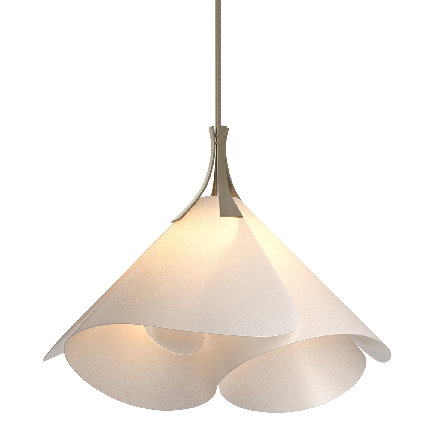 Mobius Large Pendant by Hubbardton Forge with a sculptural white handcrafted shade on a slim metallic rod, showcasing fine Vermont craftsmanship.