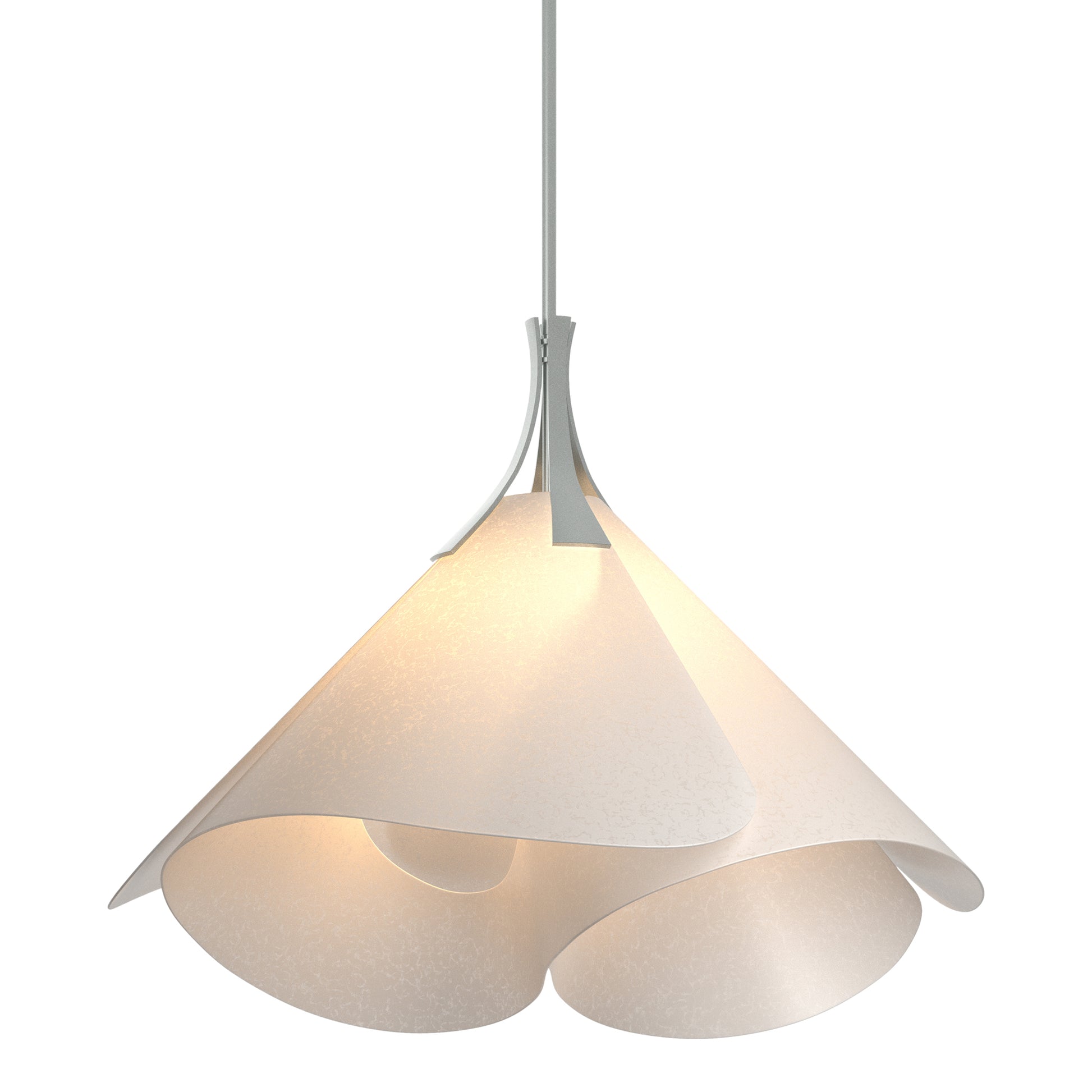 Mobius Large Pendant by Hubbardton Forge with three overlapping handcrafted white shades, showcasing Vermont-made artisan lighting.