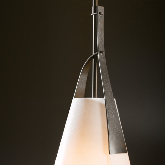 Hubbardton Forge Mobius Tall Pendant with curved metal supports and frosted glass shade, handcrafted in Vermont.