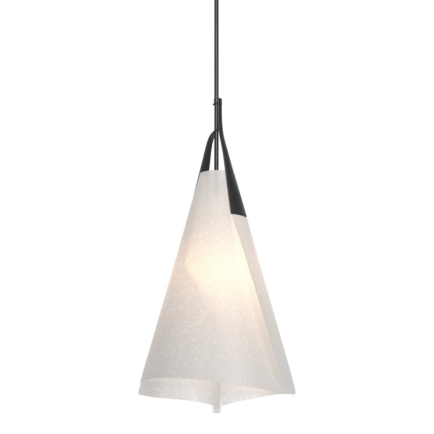 Mobius Tall Pendant by Hubbardton Forge with handcrafted white fabric shade and black stem, American made in Vermont.