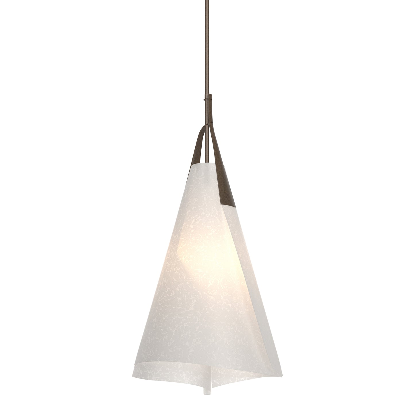 Mobius Tall Pendant by Hubbardton Forge with a handcrafted triangular white fabric shade and bronze rod, showcasing Vermont craftsmanship.