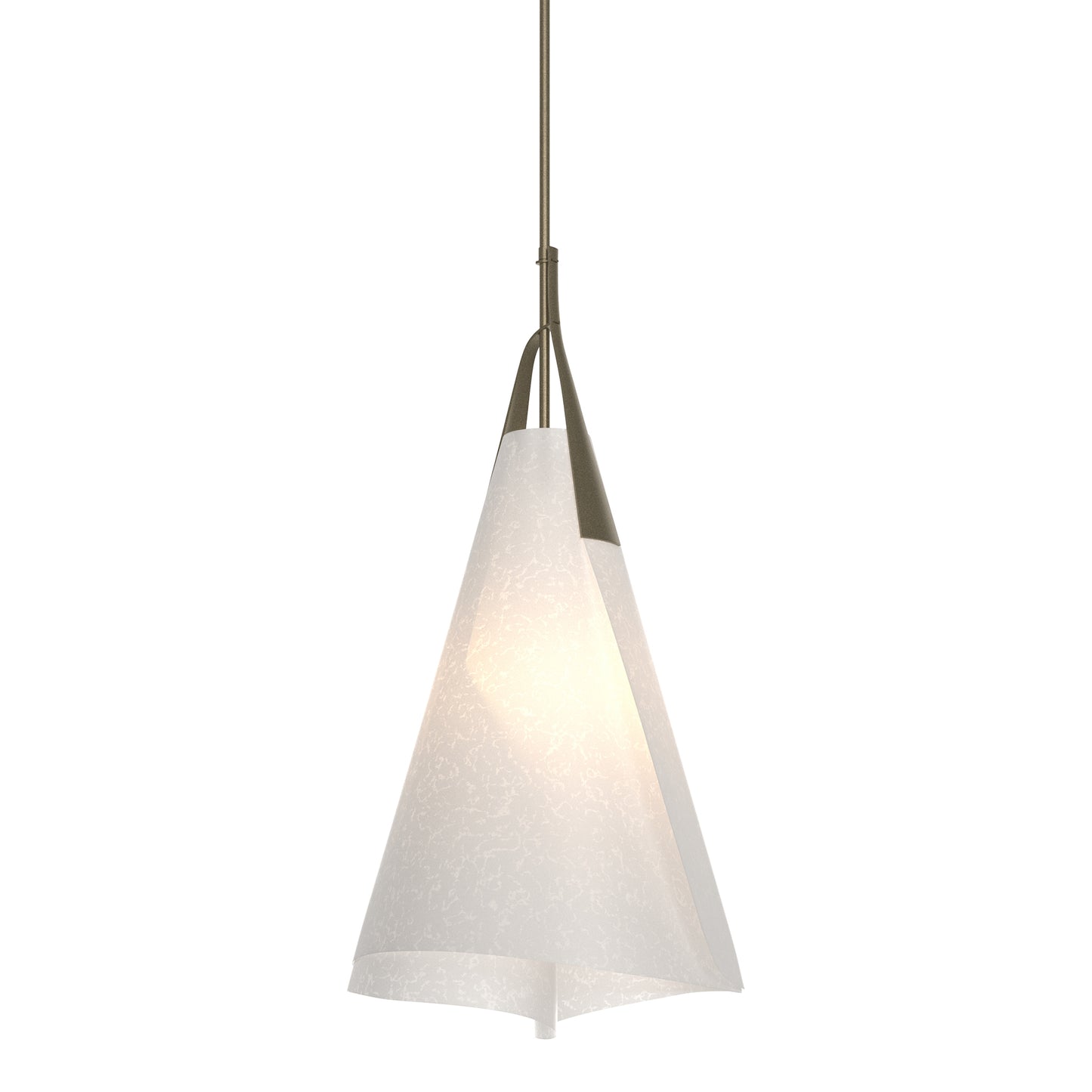 Mobius Tall Pendant by Hubbardton Forge with a handcrafted conical white shade and brass rod, American made fine lighting fixture.