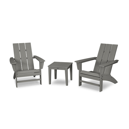 Two gray POLYWOOD Modern Adirondack Chairs facing each other, with a small matching side table in between, set on a plain white background.