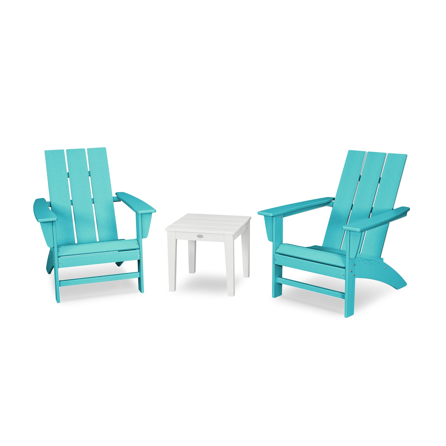 Teal POLYWOOD Modern Adirondack chairs paired with a small white table.