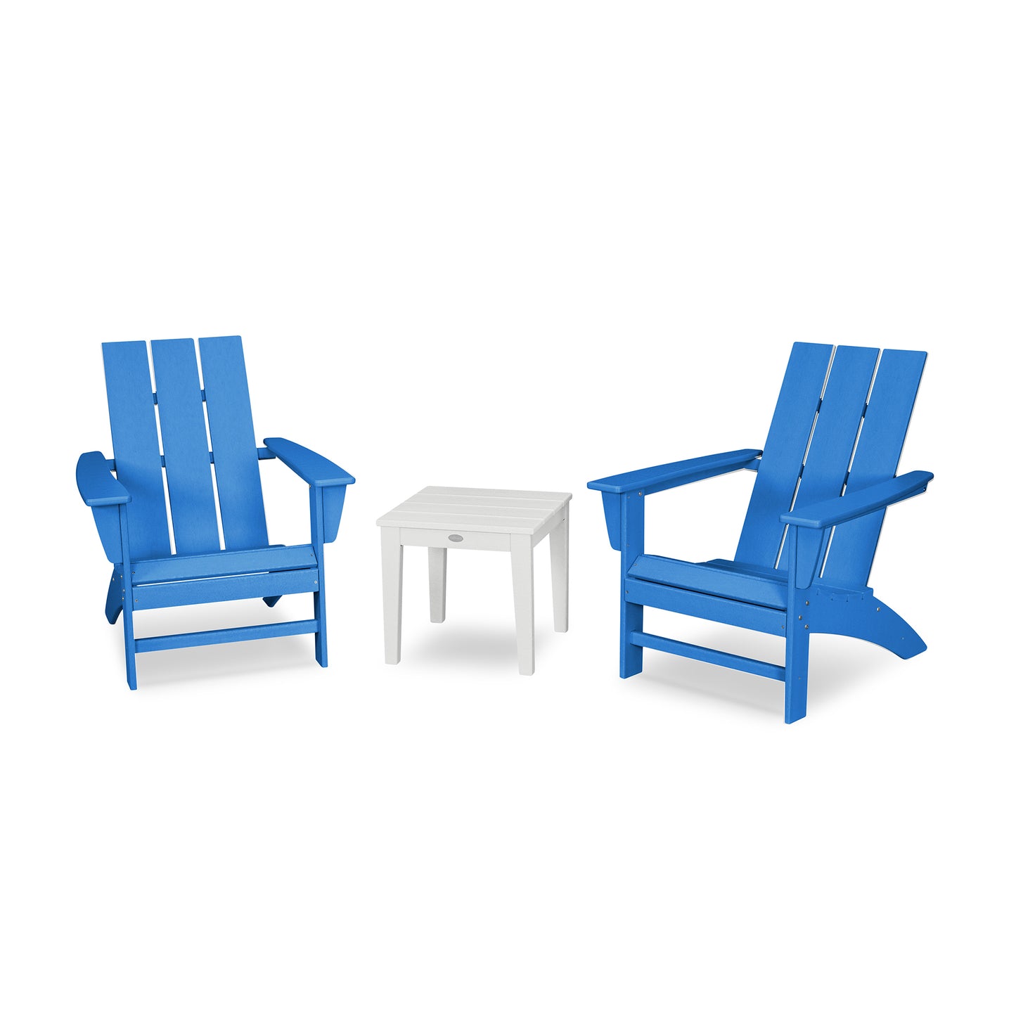 Two bright blue POLYWOOD Modern Adirondack chairs facing each other with a small white square table between them, all placed on a plain white background.
