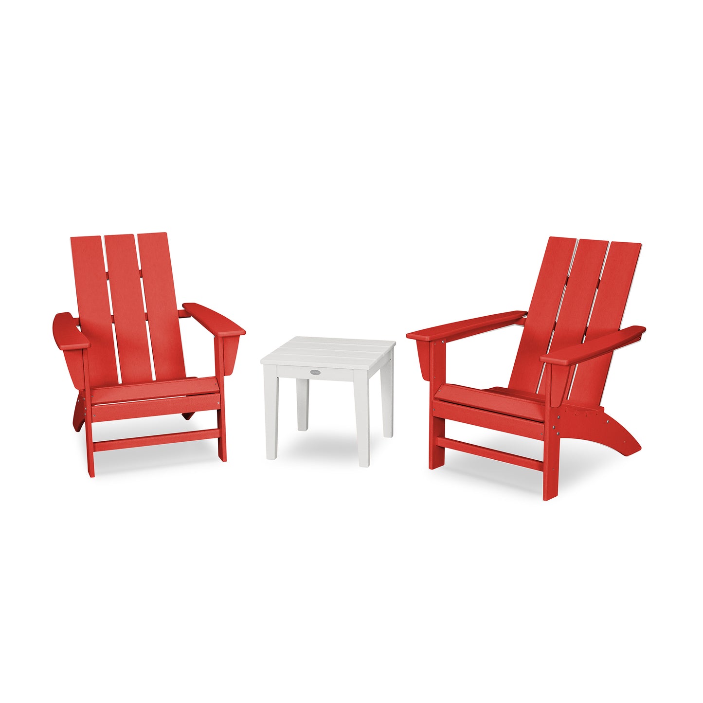 Two red POLYWOOD Modern Adirondack Chairs flanking a small white side table, set against an isolated white background.