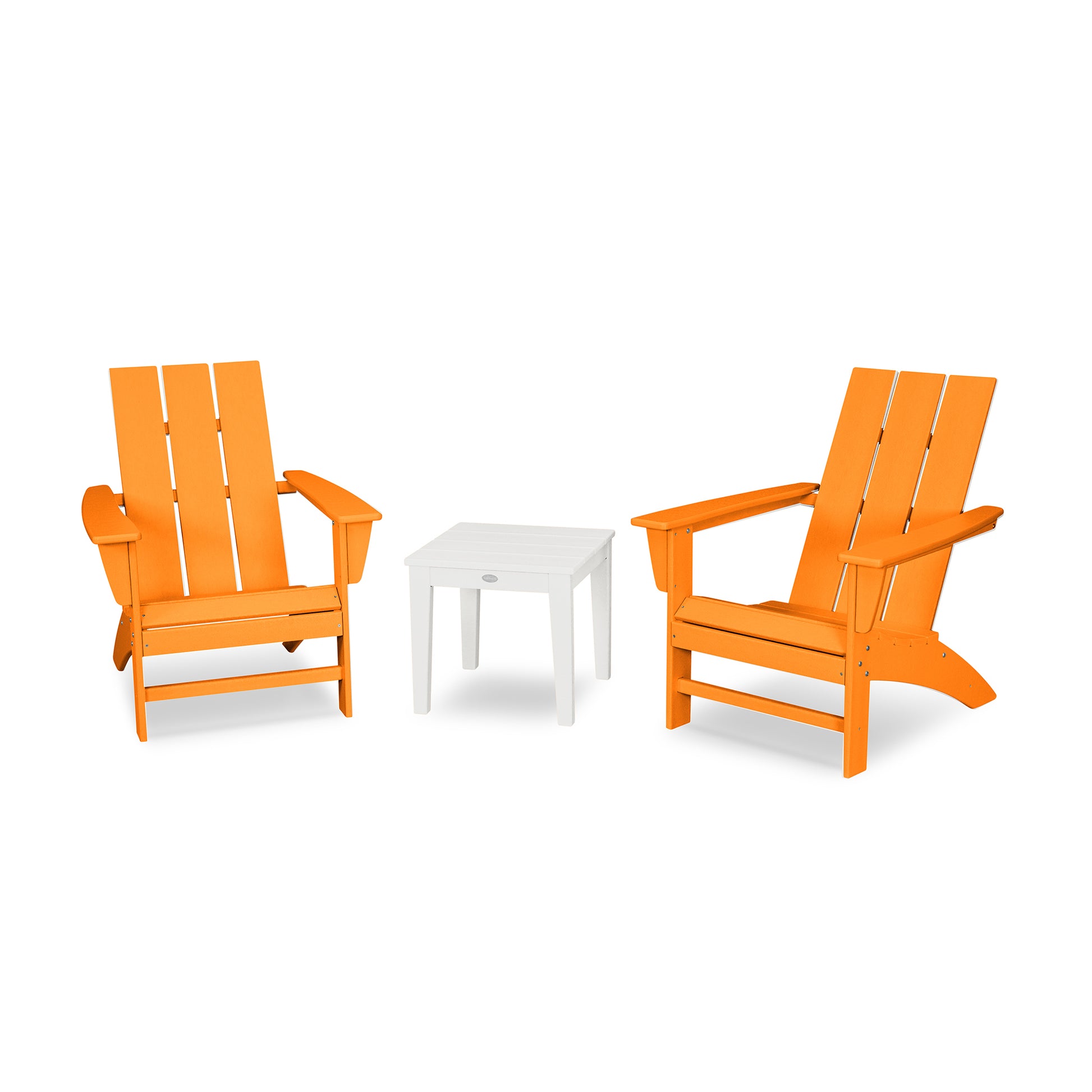 Two orange POLYWOOD Modern Adirondack chairs made from POLYWOOD lumber with a white side table set against a plain white background.