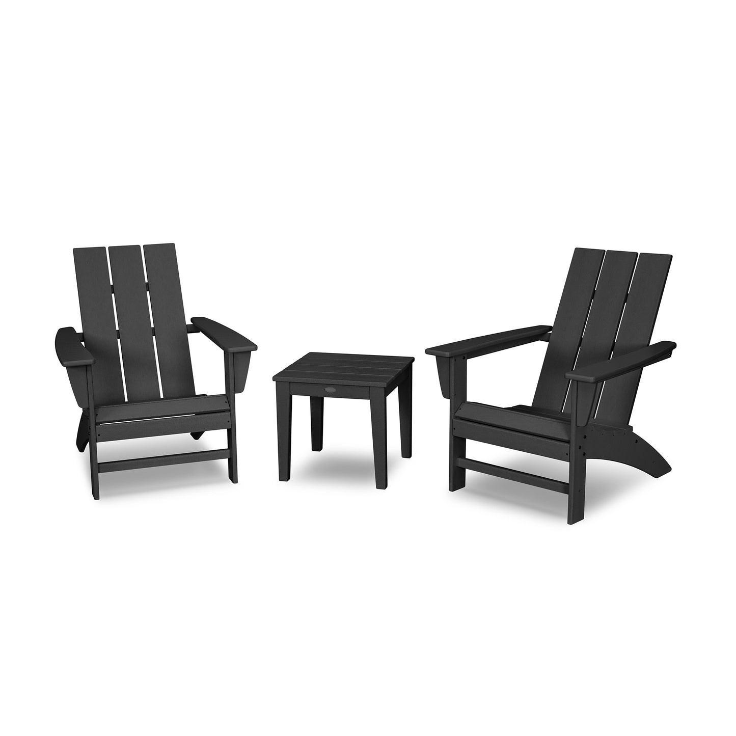 Two black POLYWOOD Modern Adirondack chairs with a matching small square table positioned between them on a plain white background. The chairs feature a classic slatted design with wide armrests, made from durable