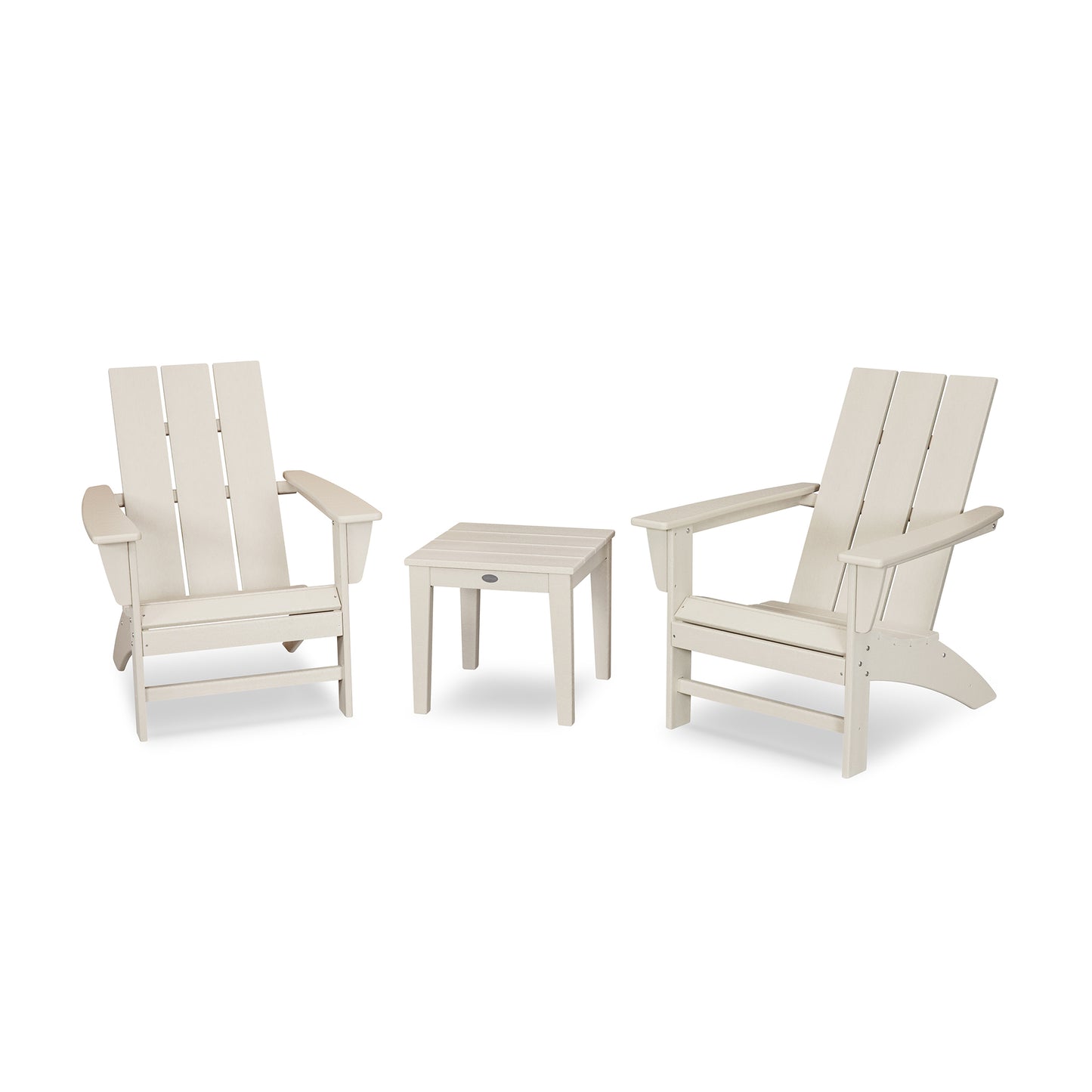 Two white POLYWOOD Modern Adirondack chairs with a matching side table, positioned on a plain white background. The furniture is crafted from POLYWOOD® lumber in a classic outdoor style.