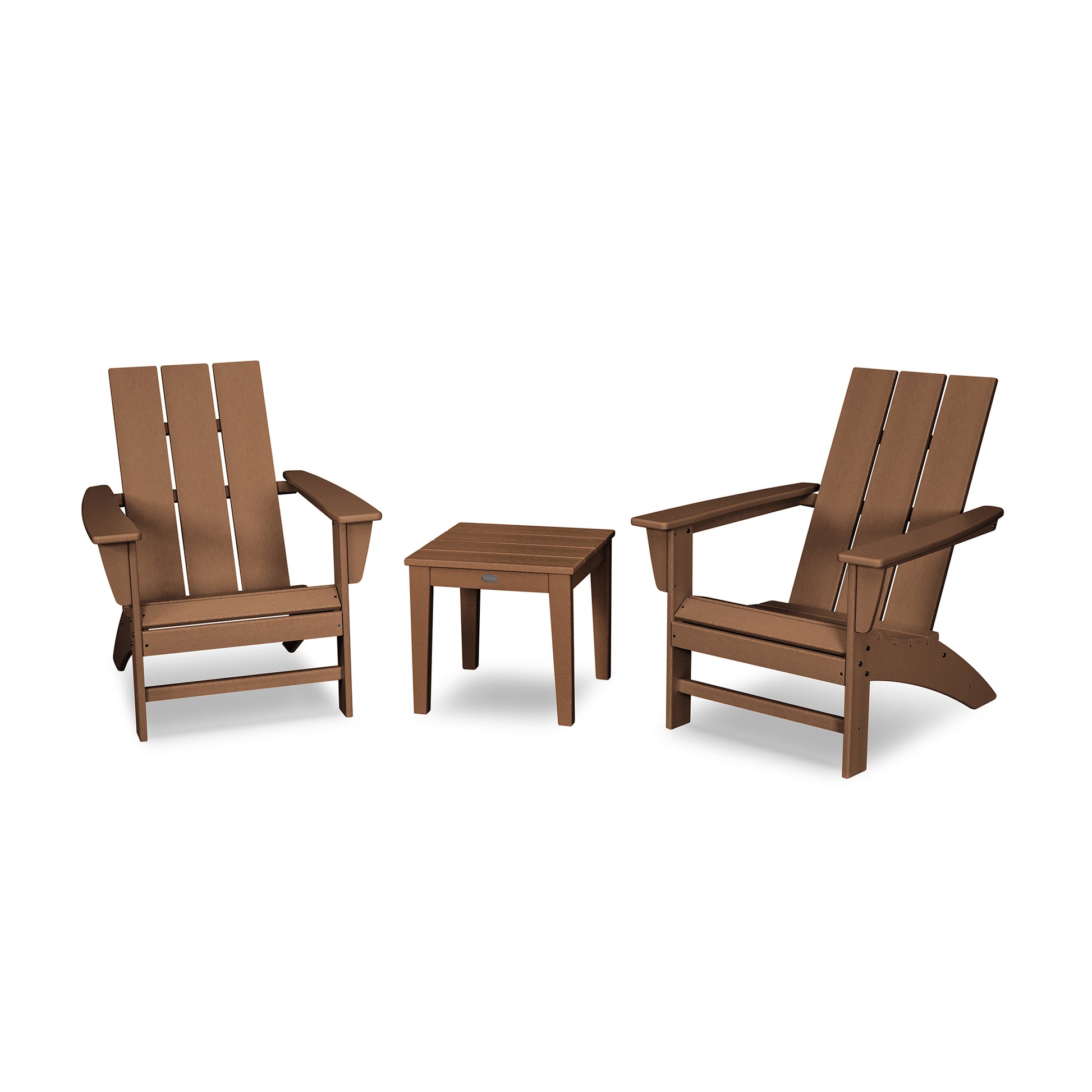 Two brown POLYWOOD Modern Adirondack chairs with a matching small square table, all crafted from durable POLYWOOD® lumber, set against a plain white background. The furniture displays a simple, sturdy design.