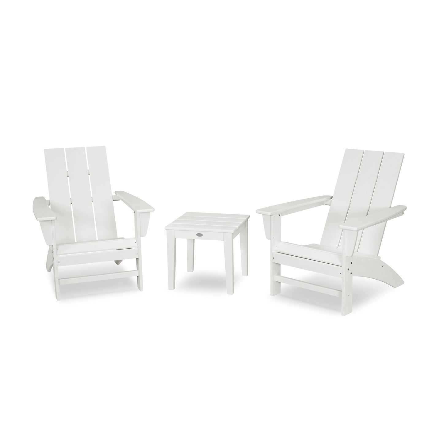 Two white POLYWOOD Modern Adirondack Chairs made of POLYWOOD® lumber, positioned facing forward with a small matching side table between them, set against a plain white background.