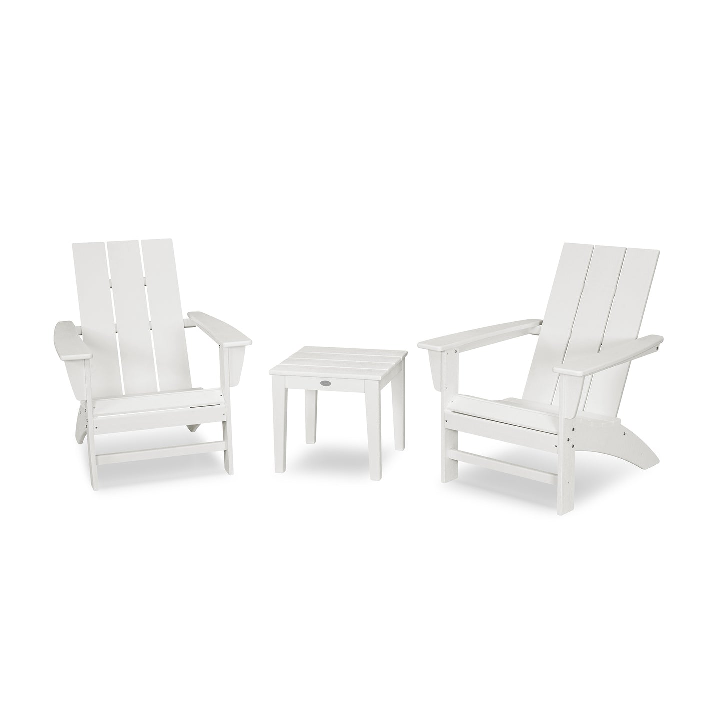POLYWOOD Modern Adirondack 3-Piece Set featuring two chairs and a coordinating white side table.