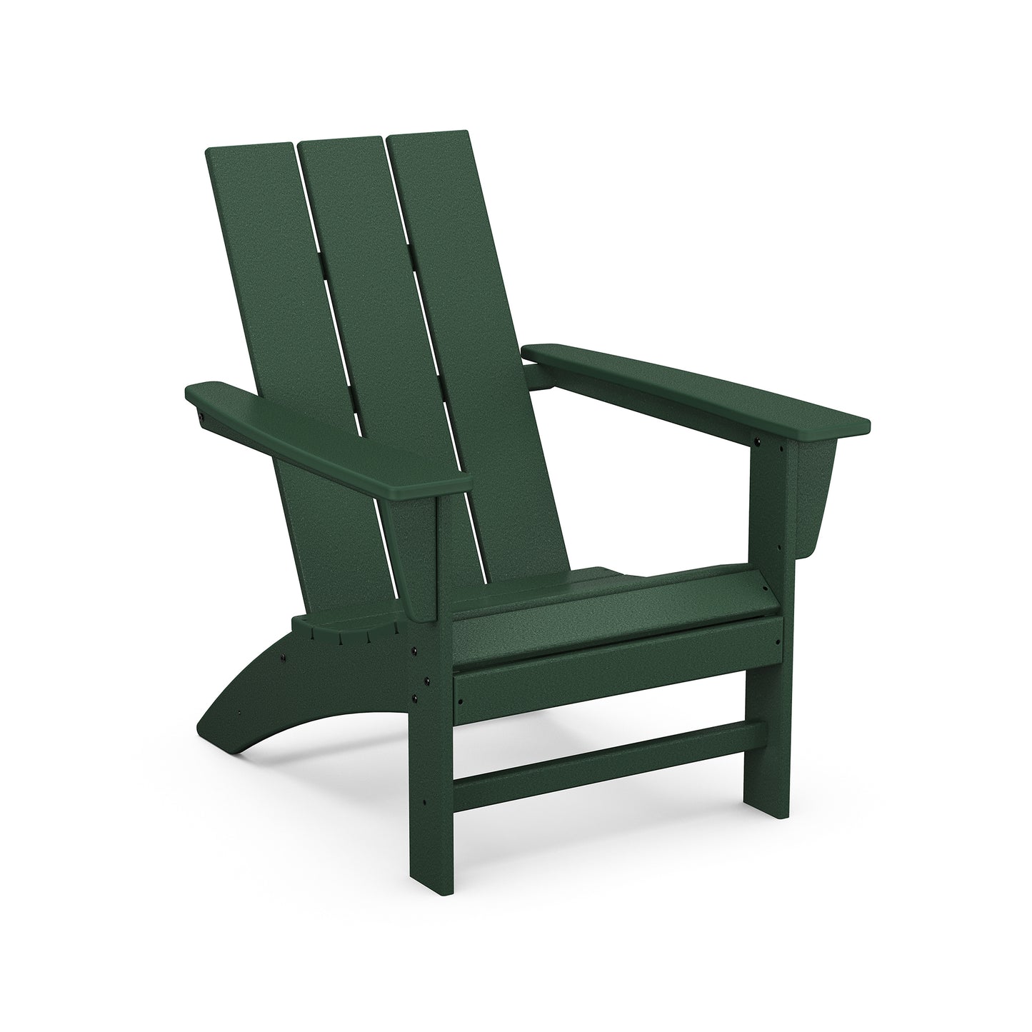 Modern Adirondack chair in dark green with a slatted back and wide armrests, crafted from durable POLYWOOD lumber.