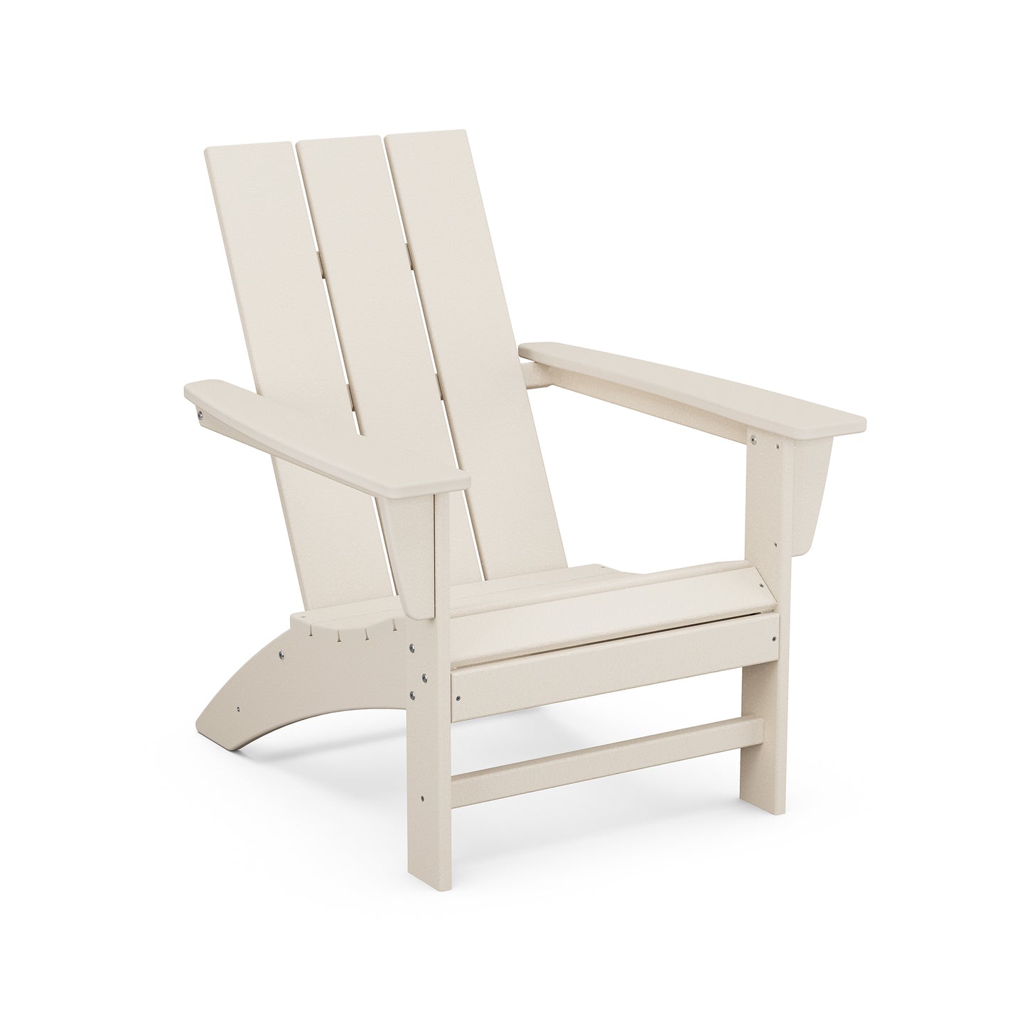 Beige POLYWOOD Modern Adirondack Chair with wide armrests and slatted back and seat, crafted from weather-resistant POLYWOOD lumber.