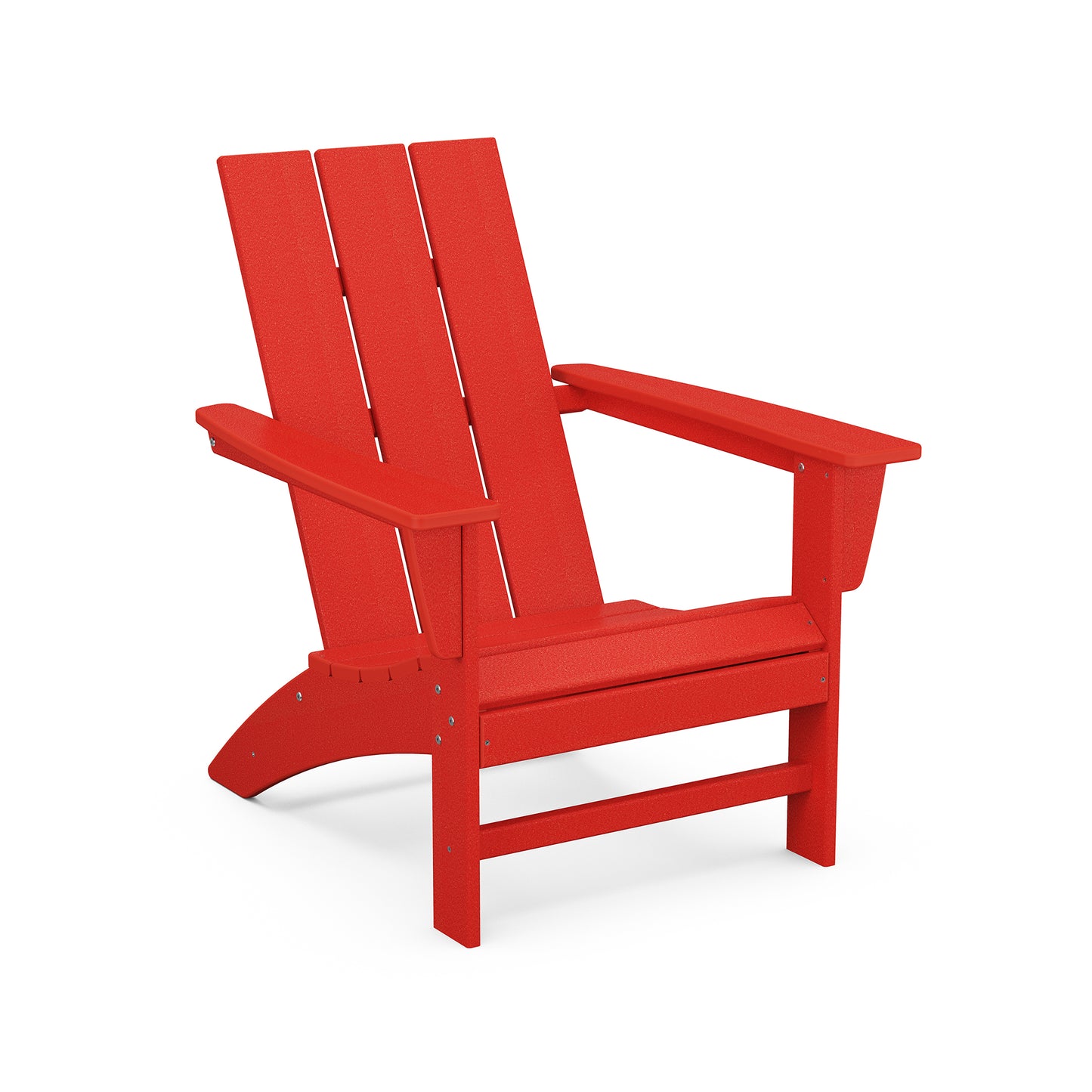 Red POLYWOOD Modern Adirondack Chair with slatted back and wide armrests crafted from durable material.
