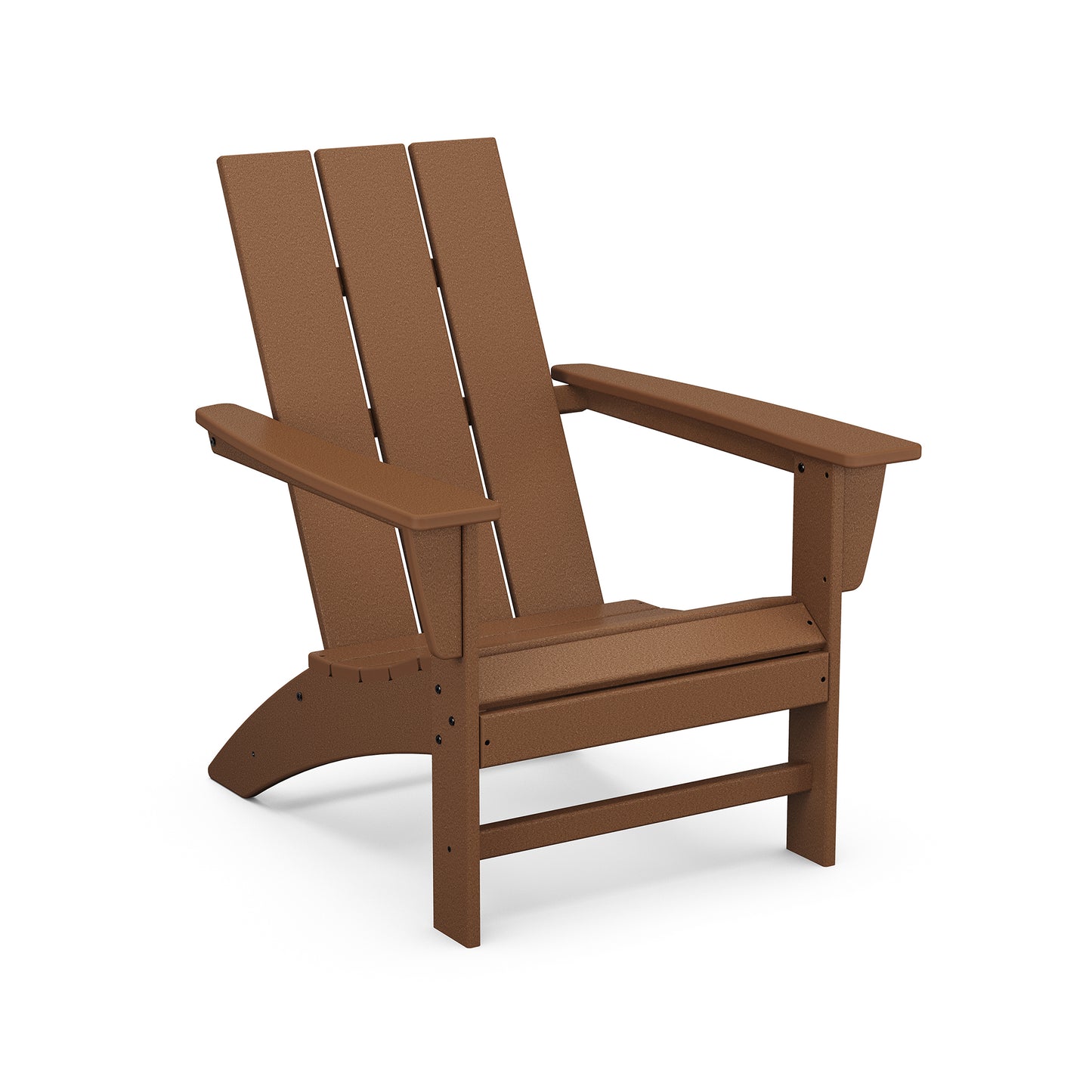 Brown POLYWOOD Modern Adirondack Chair with wide armrests and a slanted backrest, designed to be weather-resistant.