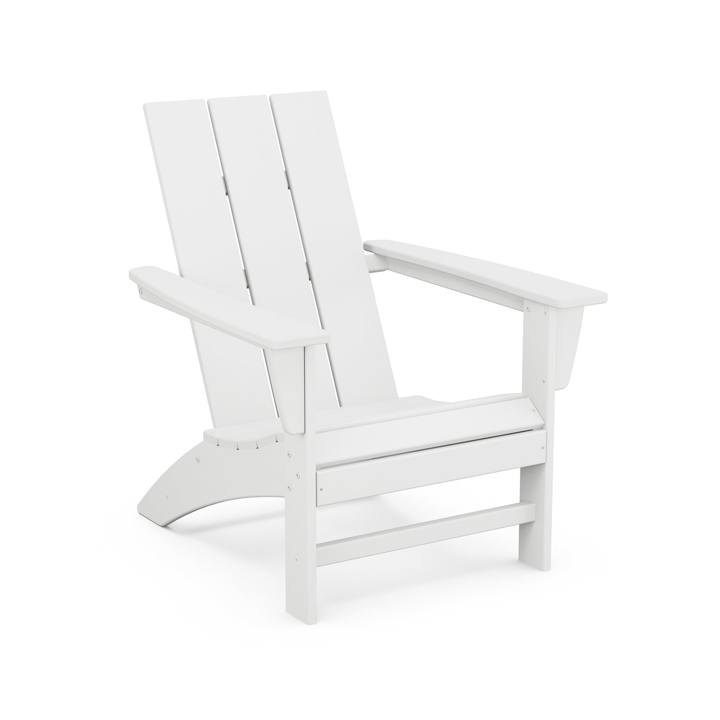 White POLYWOOD Modern Adirondack Chair with classic slats and wide armrests, perfect for modern relaxation.