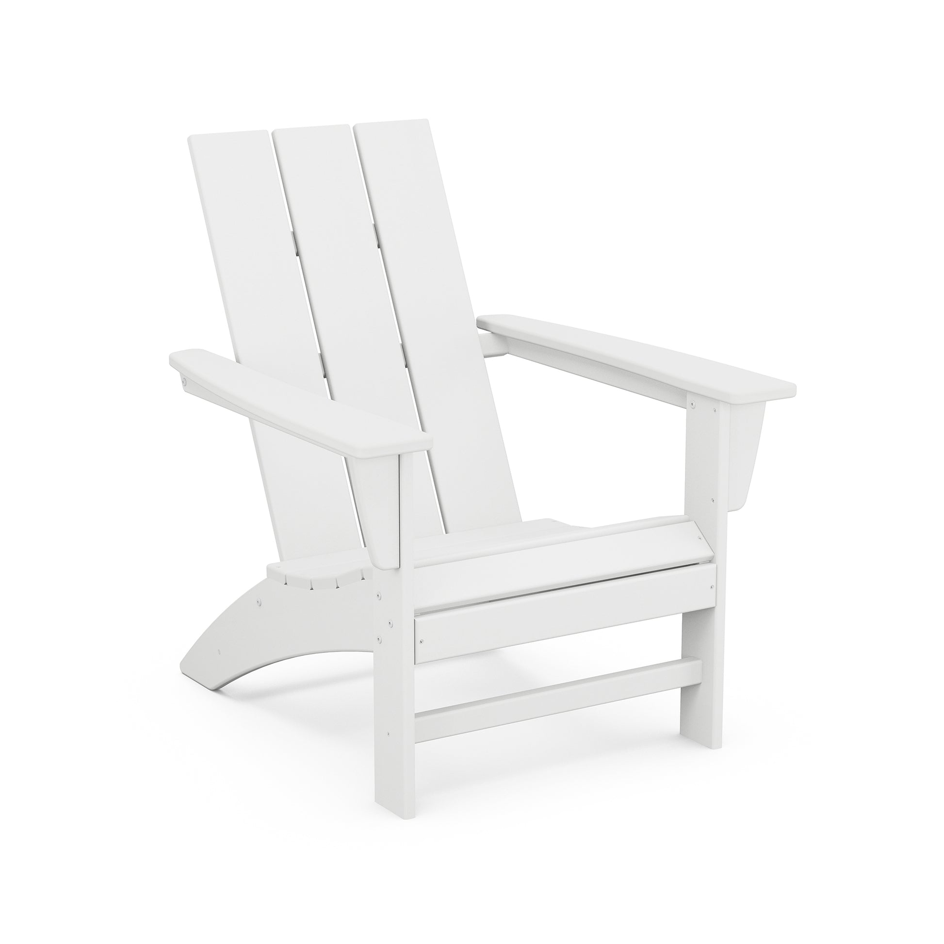 White POLYWOOD Modern Adirondack Chair with classic slats and wide armrests, perfect for modern relaxation.
