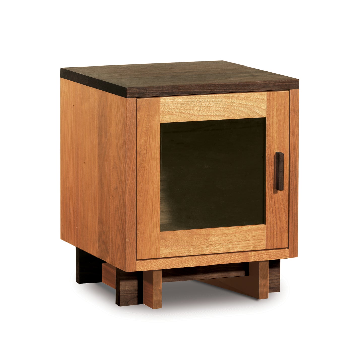 Modern American 1-Door Nightstand by Vermont Furniture Designs made of solid wood with a glass-fronted door, decorative handle, and dark top and base.