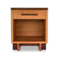 A Modern American 1-Drawer Enclosed Shelf Nightstand by Vermont Furniture Designs, with a single drawer and an open shelf, isolated on a white background. The nightstand features a rich wood grain finish and sturdy, minimalistic design.