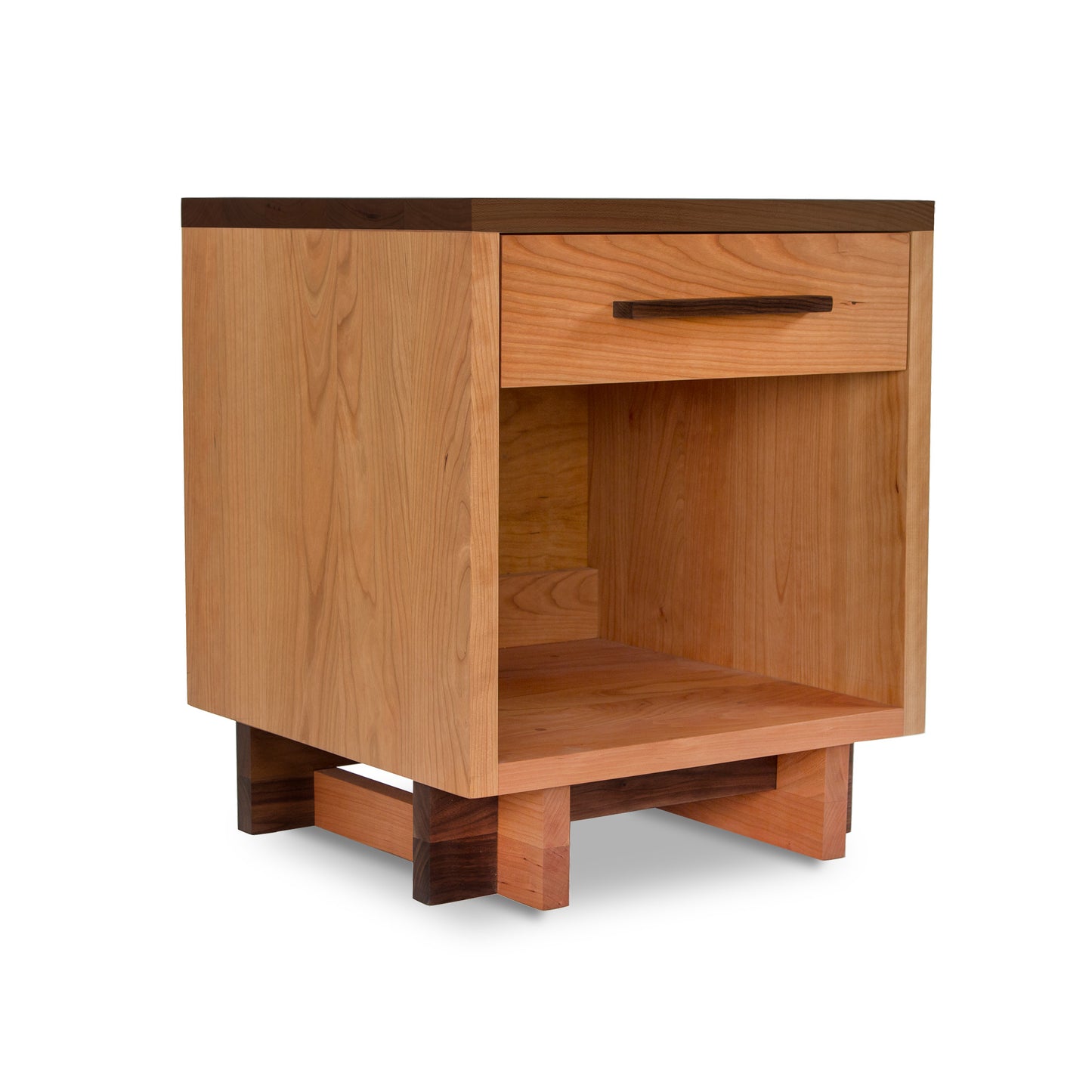 Modern Vermont Furniture Designs nightstand featuring a drawer, enclosed shelf, and dark wood handle, handmade in Vermont.